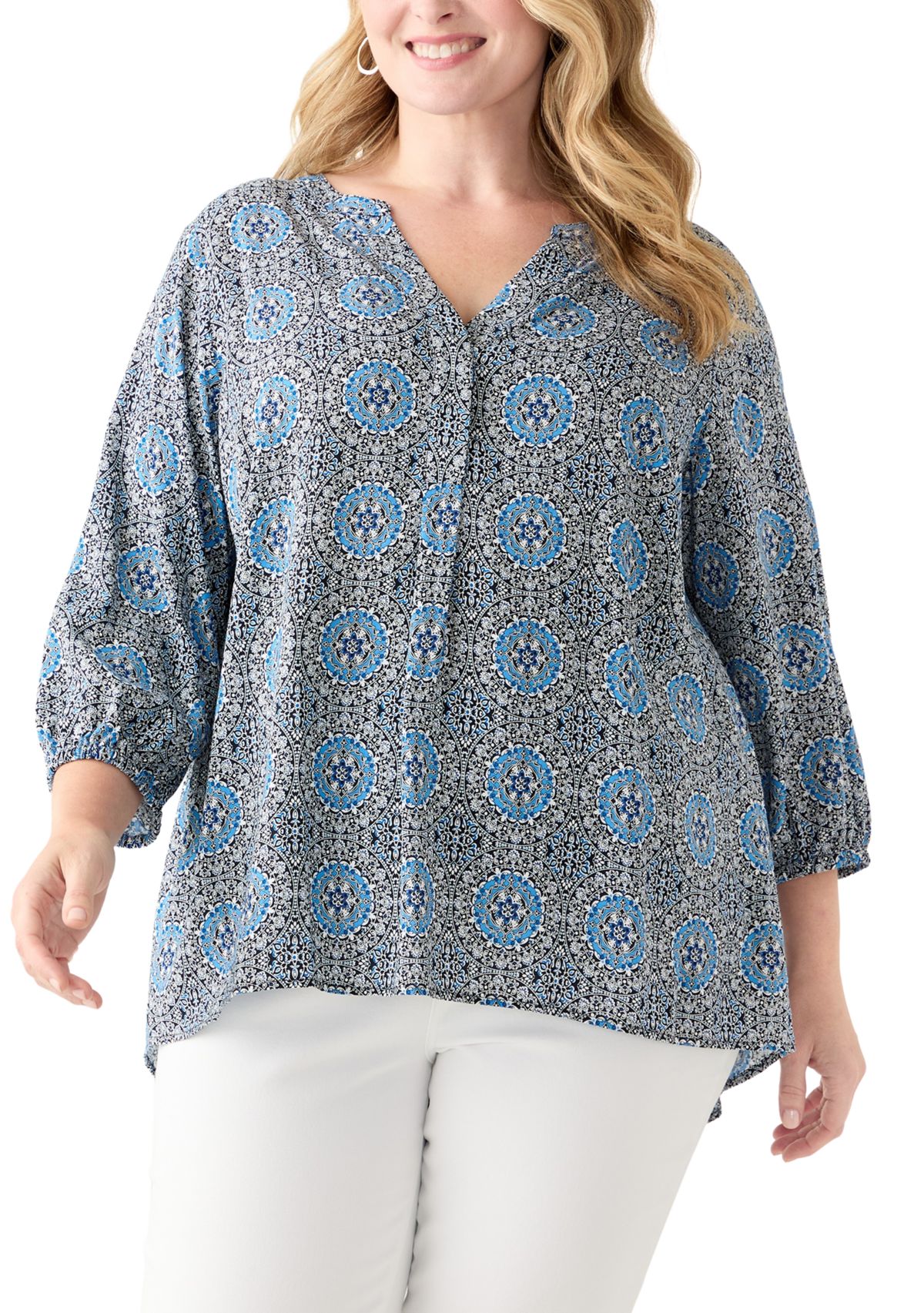 Plus Size Three-Quarter Sleeve Popover Top