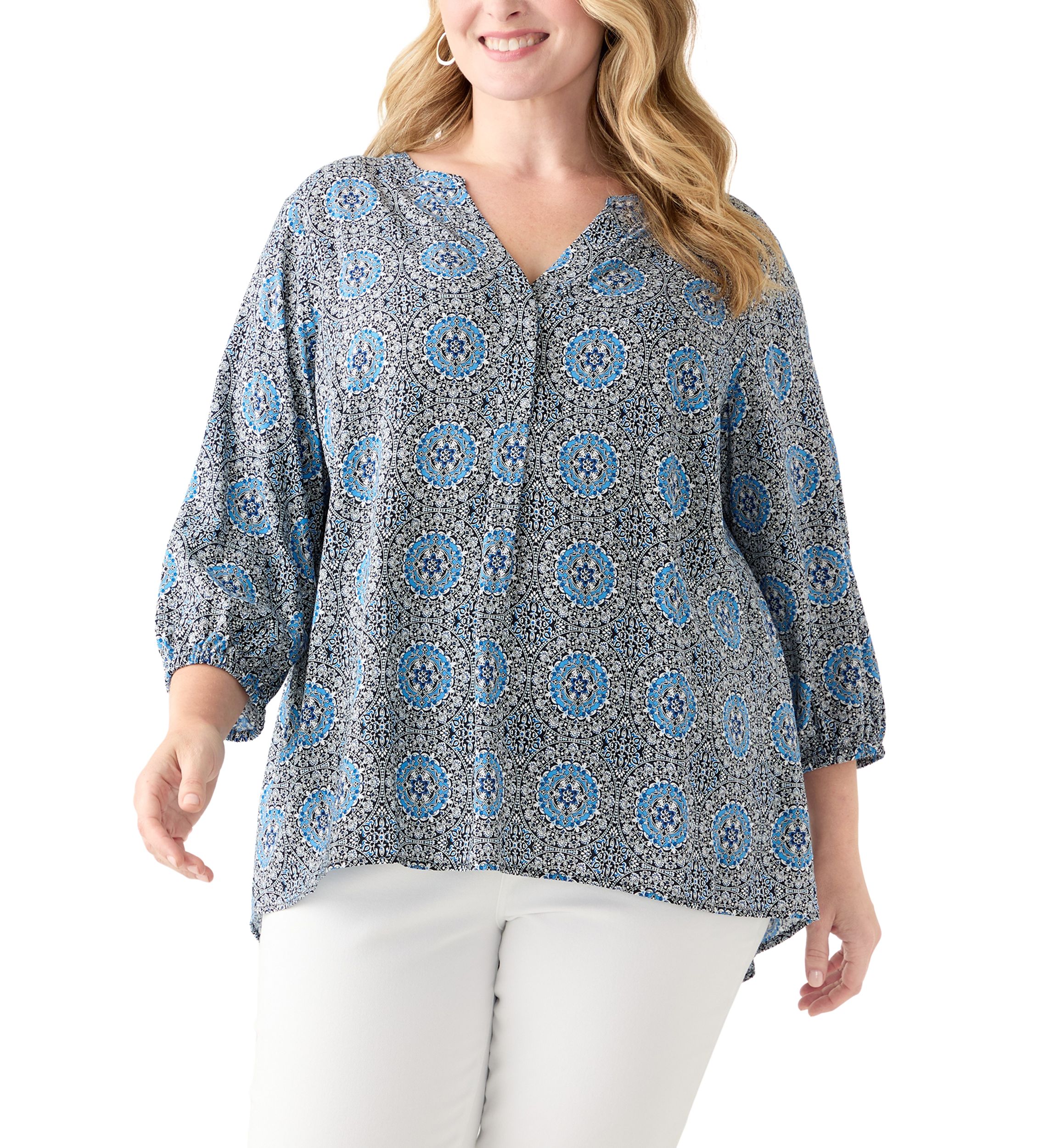 Plus Size Three-Quarter Sleeve Popover Top