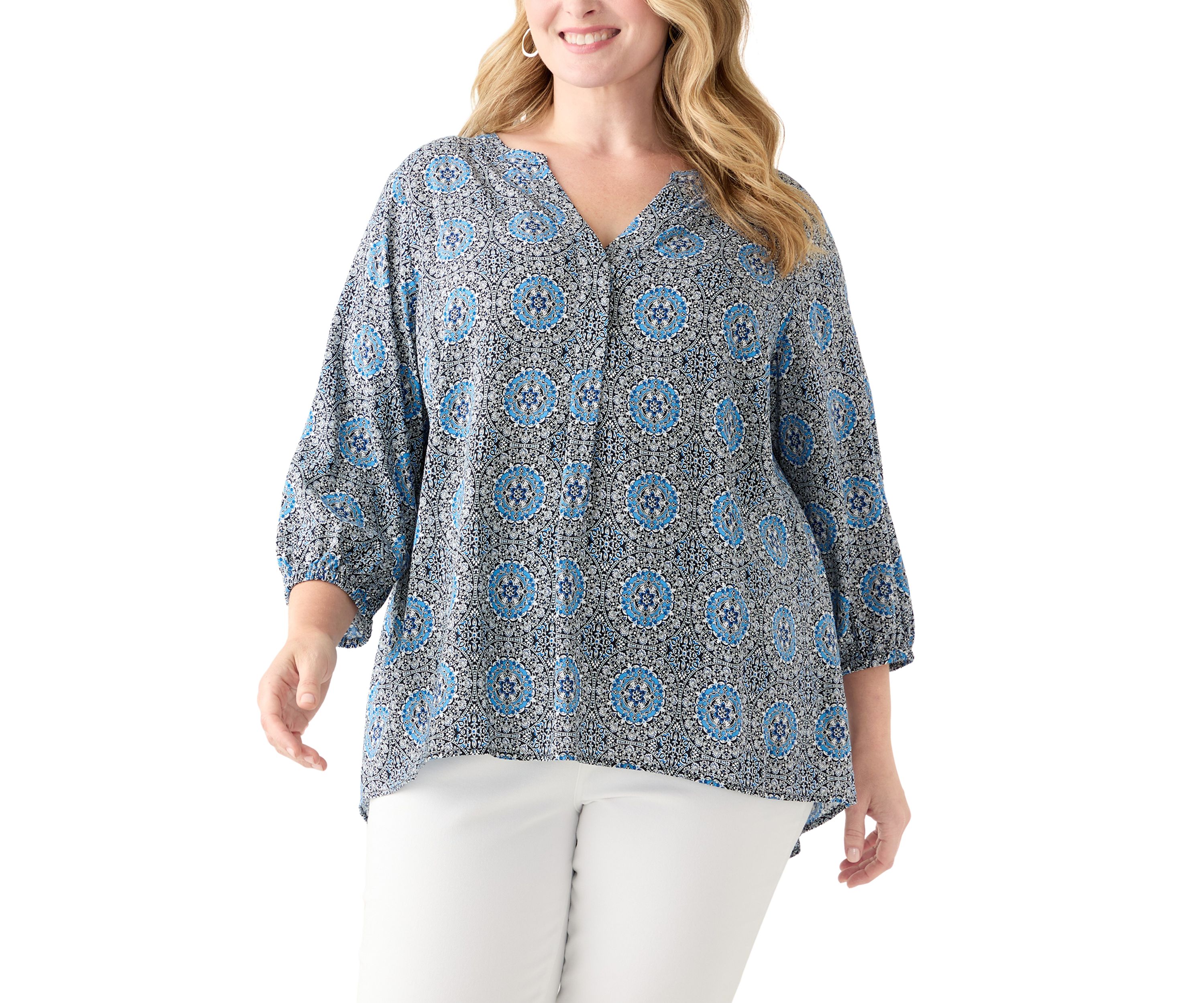 Plus Size Three-Quarter Sleeve Popover Top