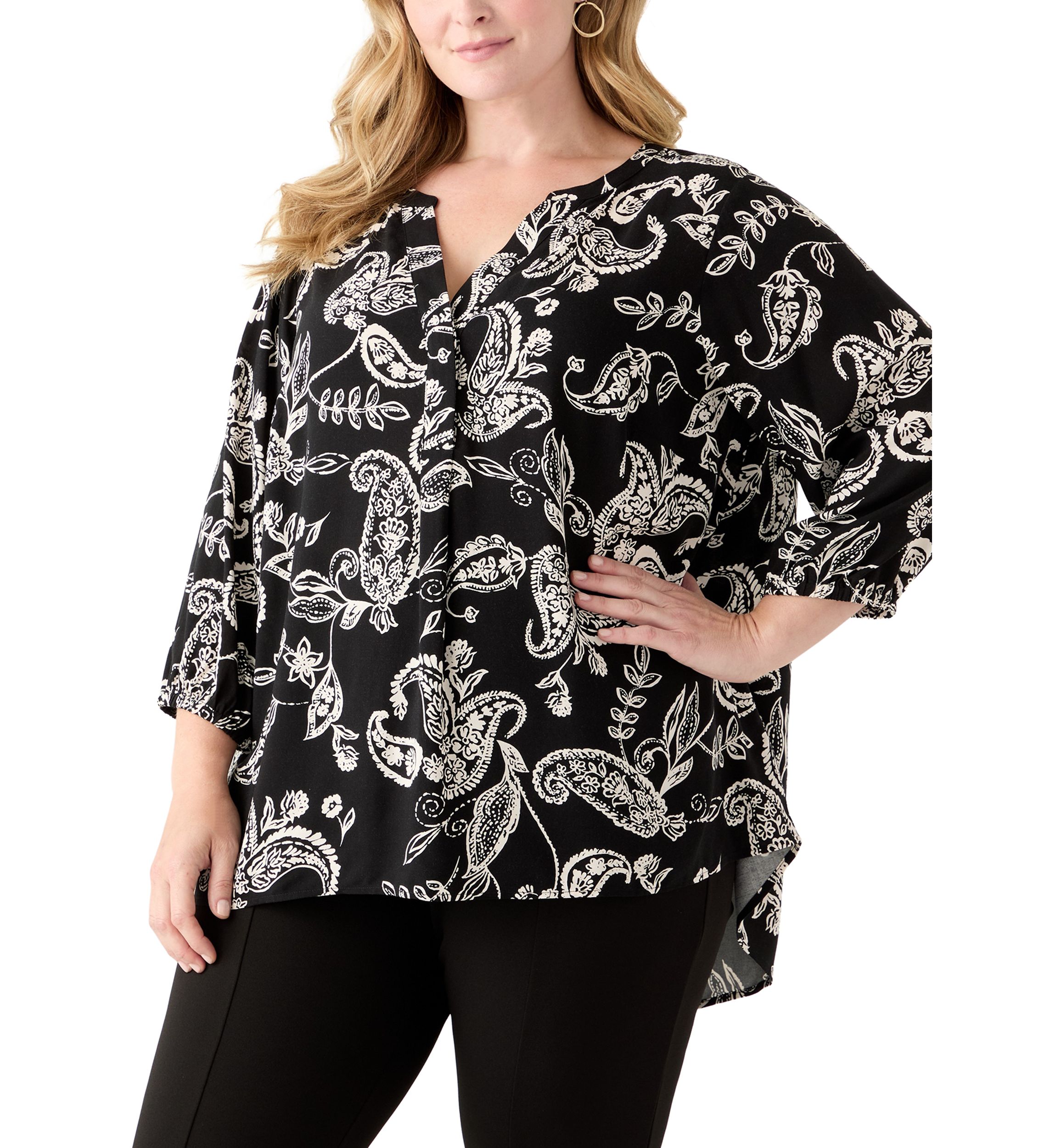 Plus Size Three-Quarter Sleeve Popover Top