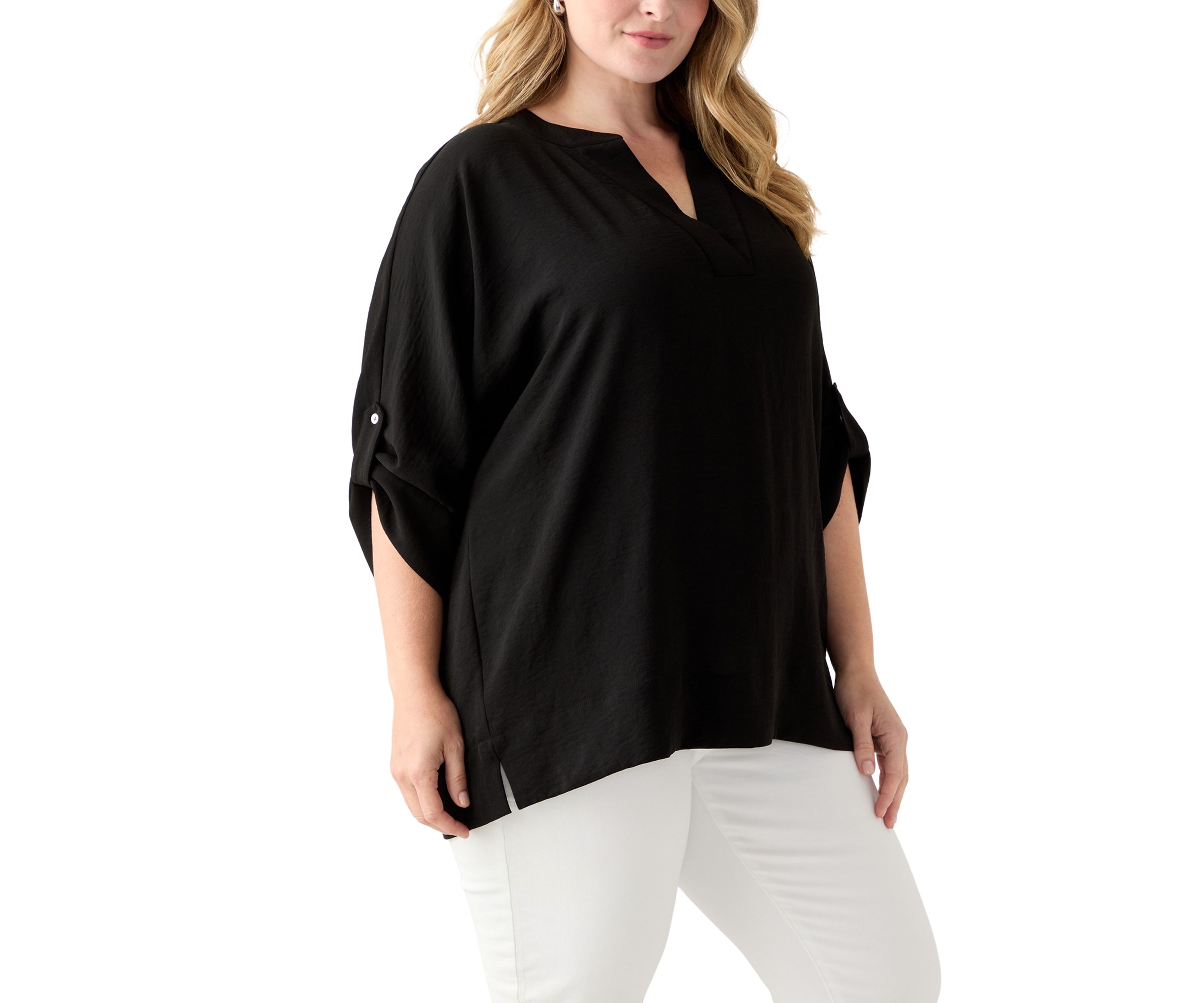 Plus Size Three-Quarter Sleeve Solid Woven Top