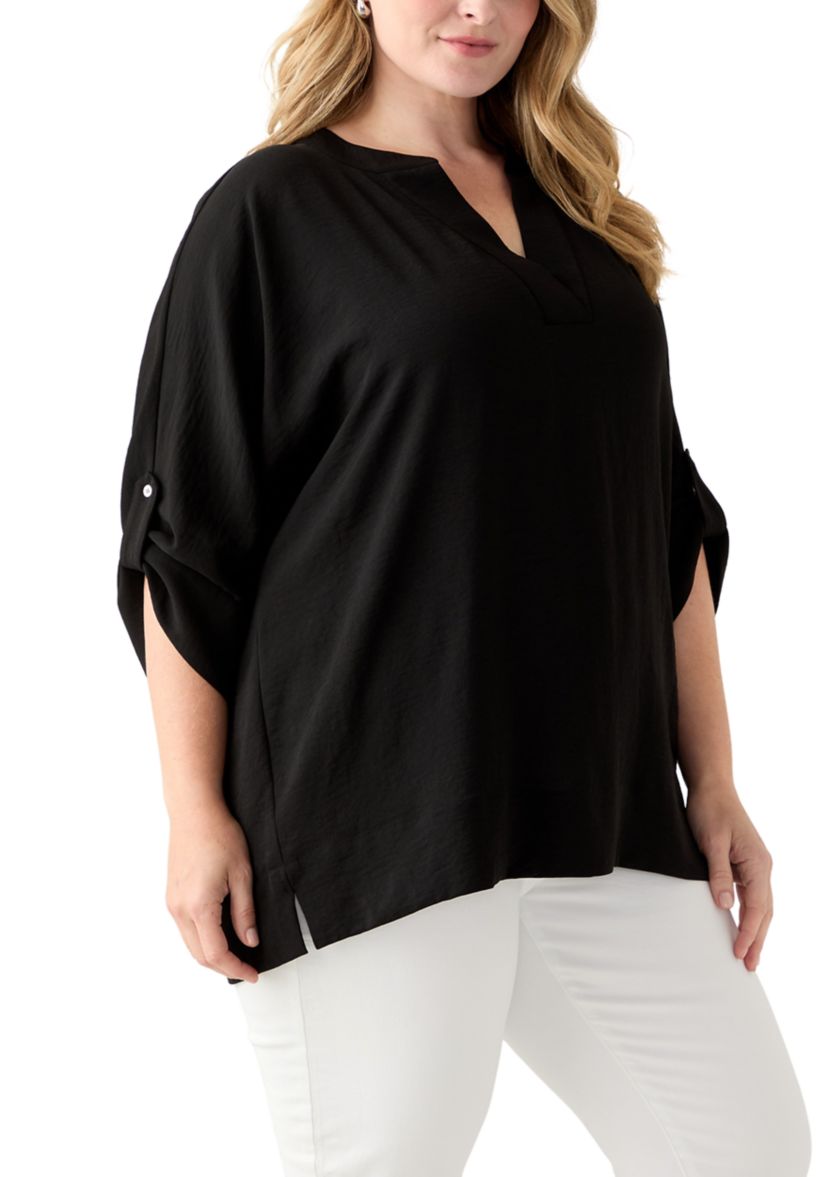 Plus Size Three-Quarter Sleeve Solid Woven Top