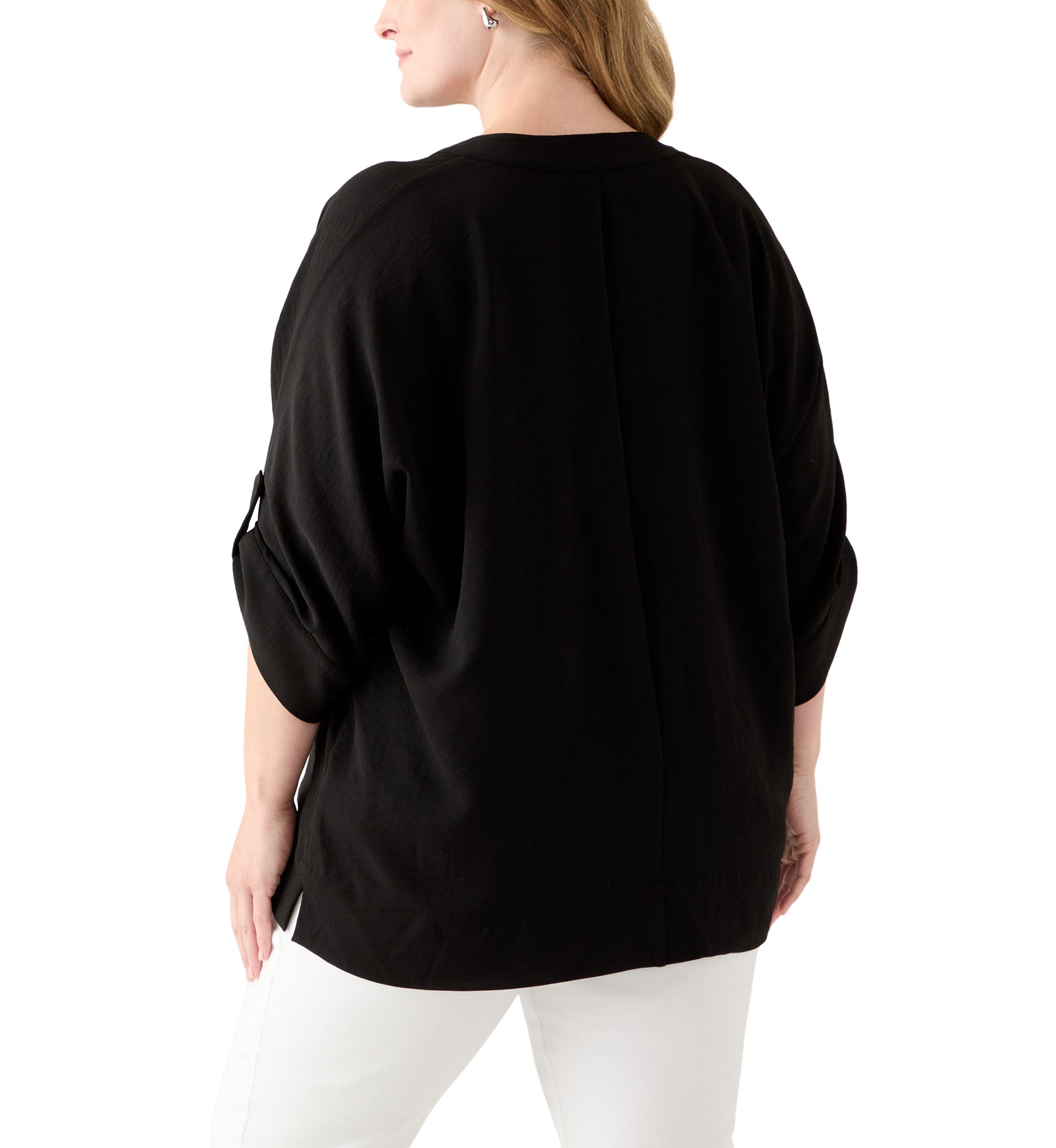 Plus Size Three-Quarter Sleeve Solid Woven Top