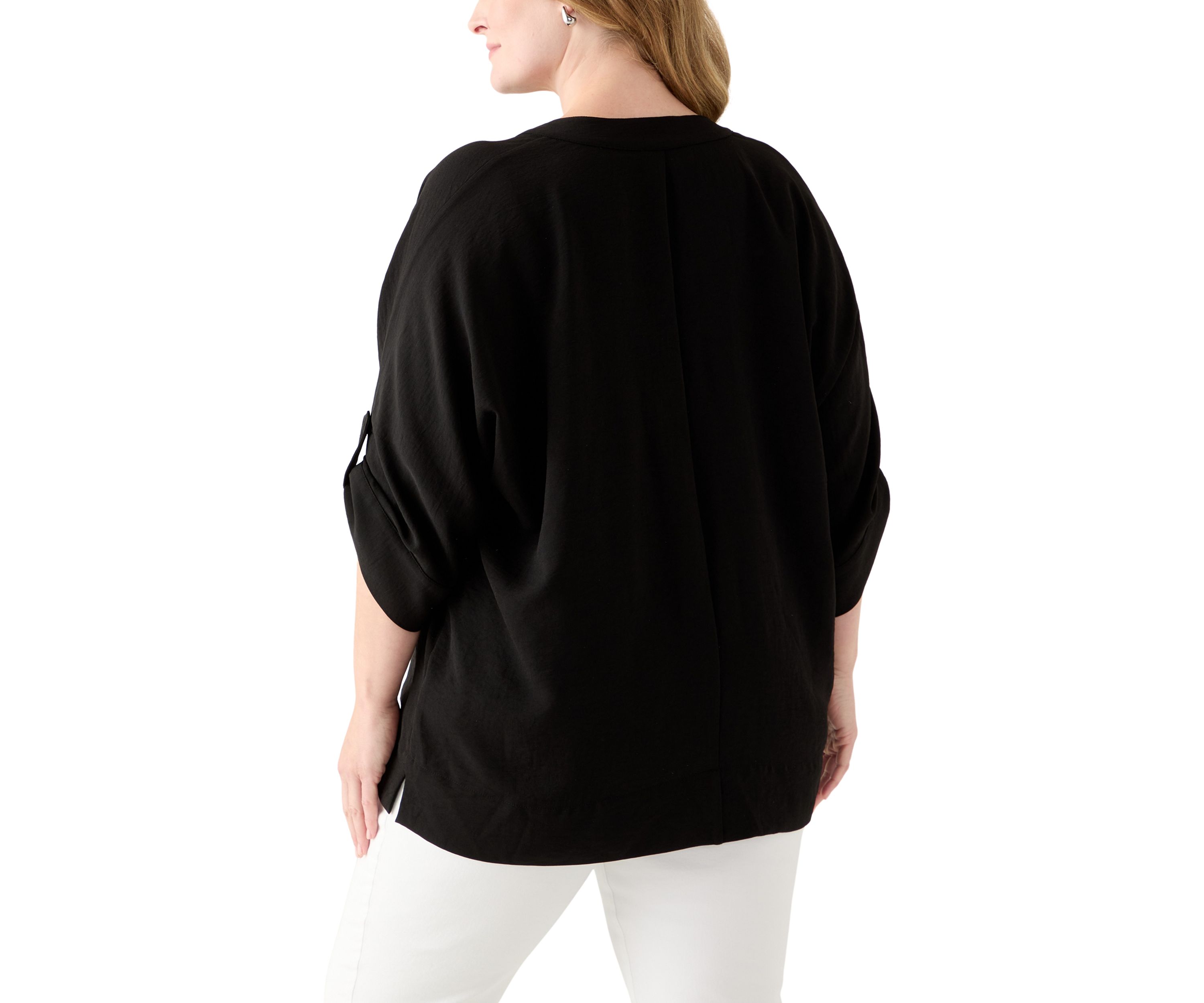 Plus Size Three-Quarter Sleeve Solid Woven Top
