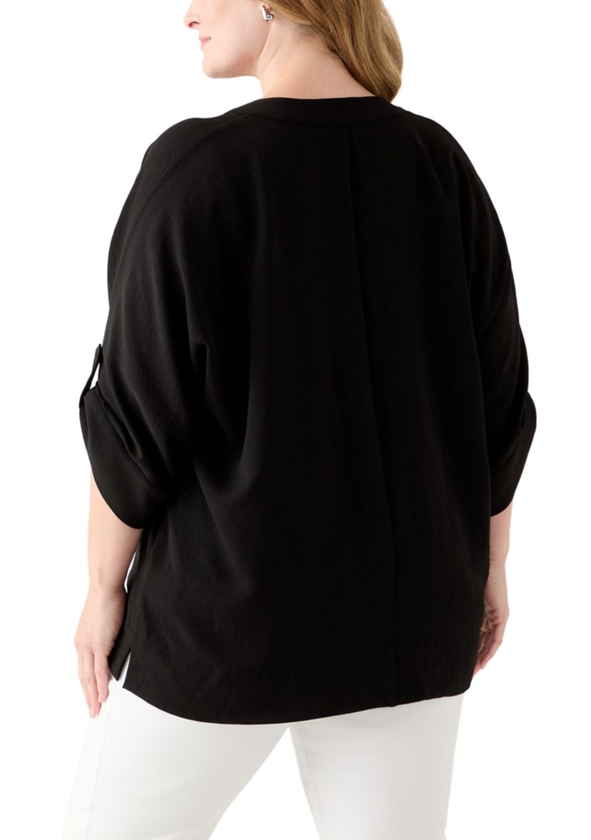 Plus Size Three-Quarter Sleeve Solid Woven Top