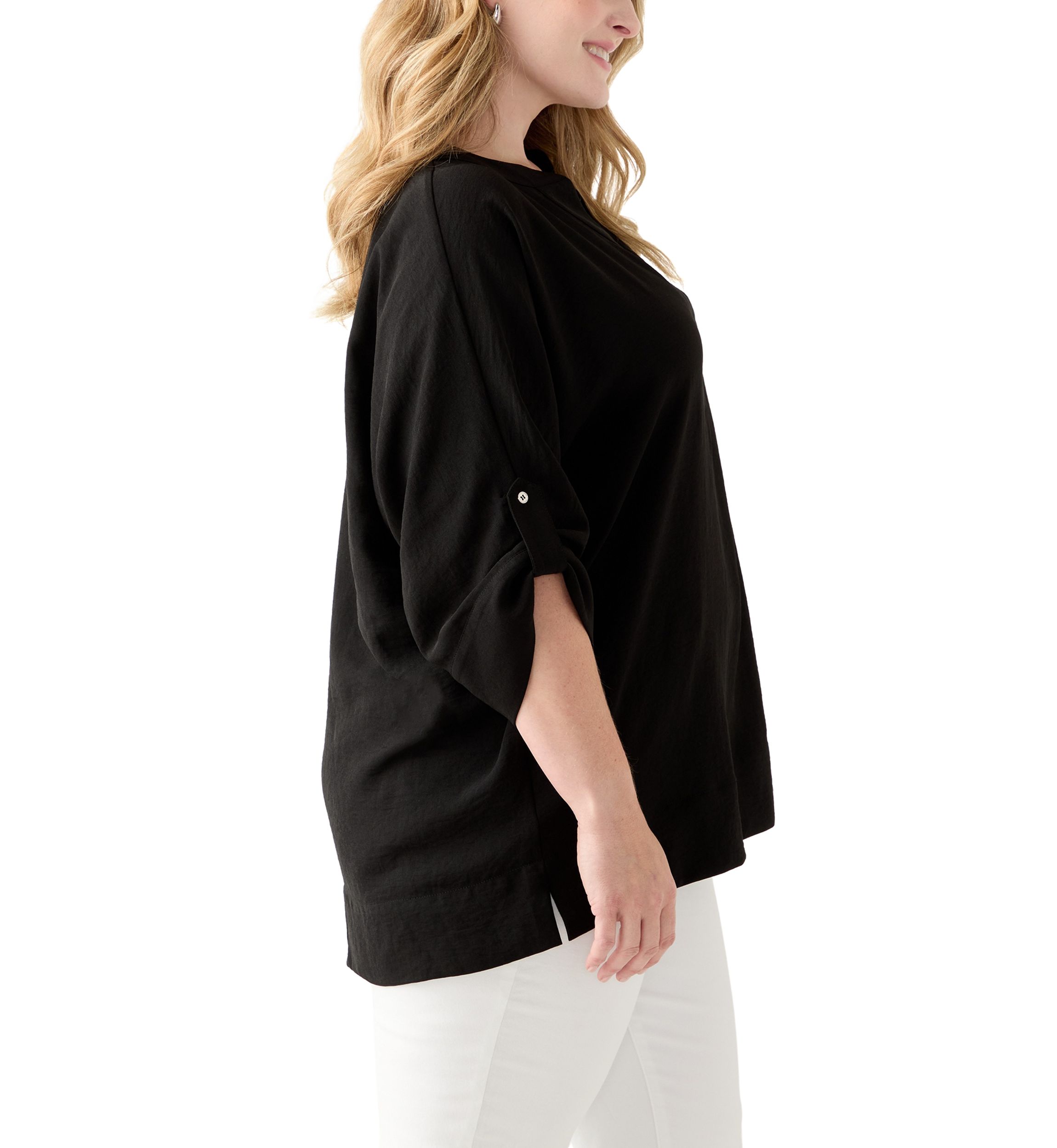 Plus Size Three-Quarter Sleeve Solid Woven Top