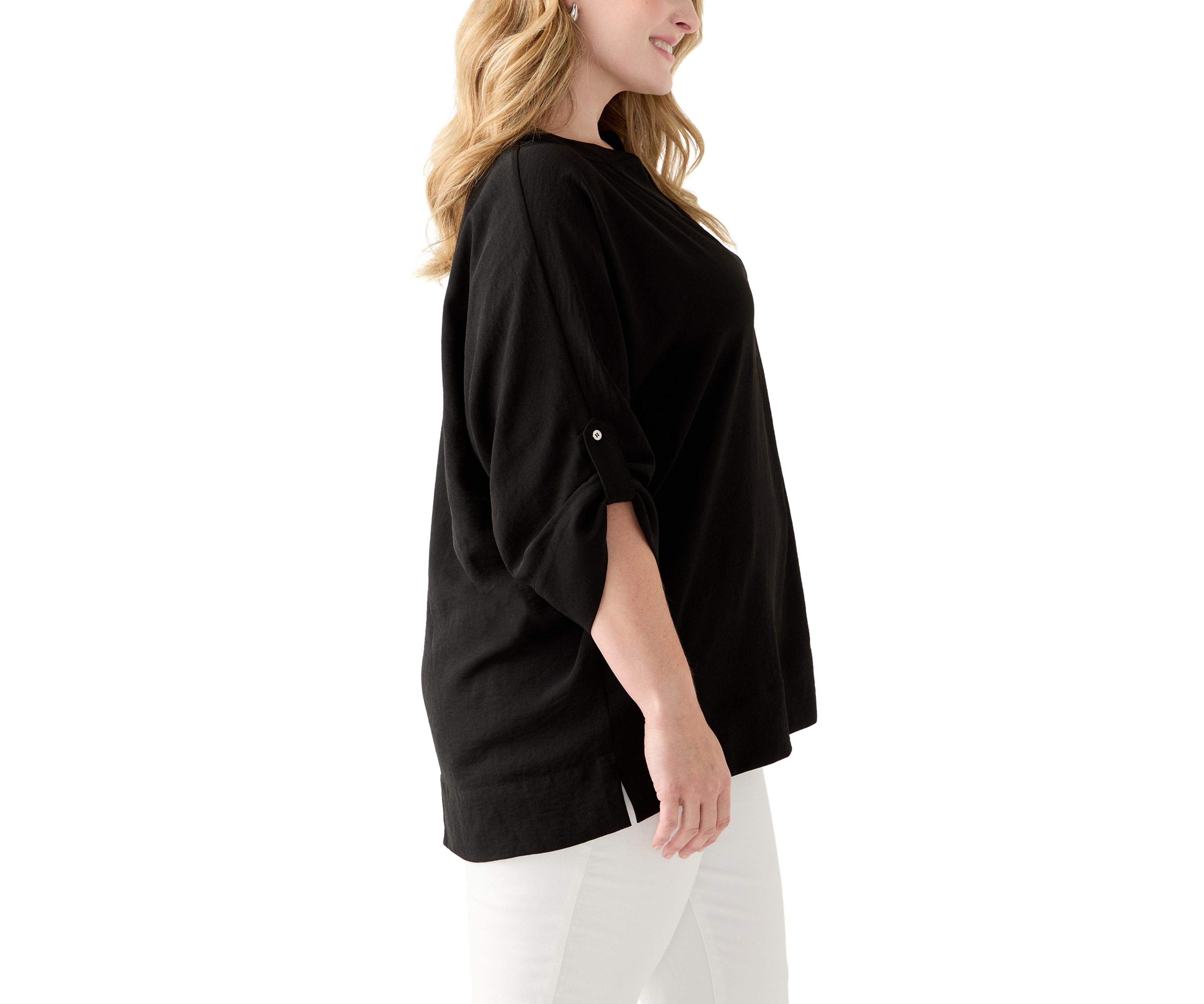 Plus Size Three-Quarter Sleeve Solid Woven Top
