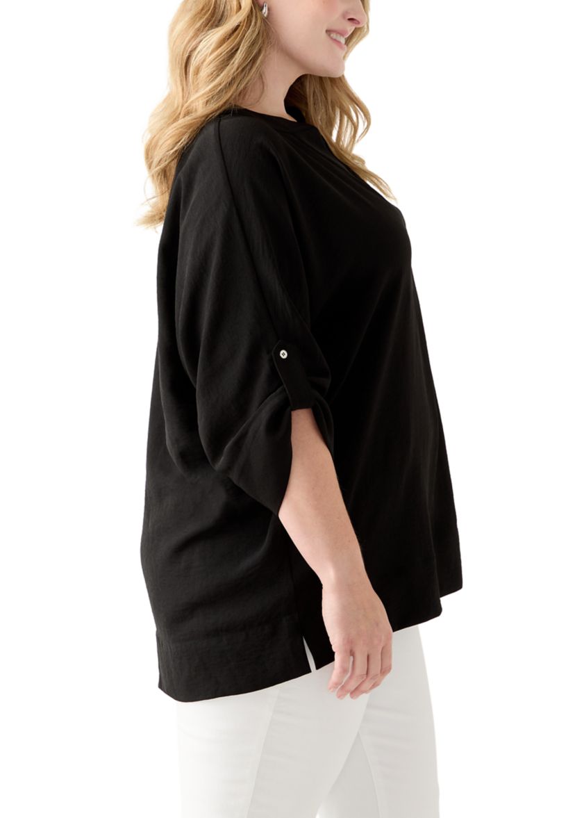 Plus Size Three-Quarter Sleeve Solid Woven Top