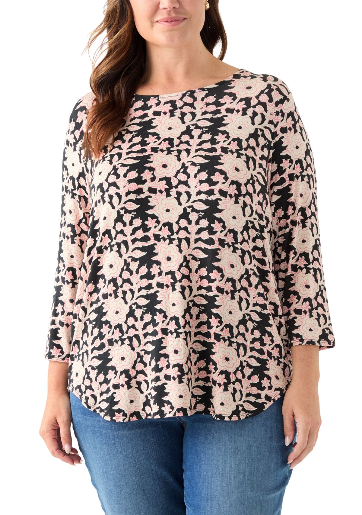  Plus Size 3/4 Sleeve Pleat Back T-Shirt 
