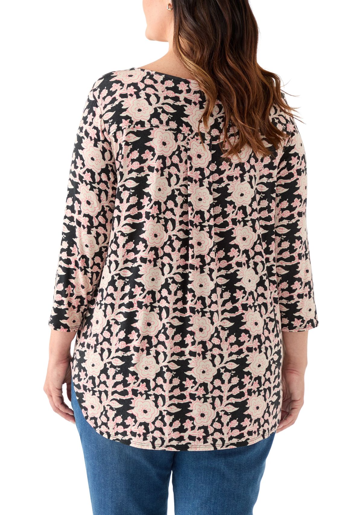  Plus Size 3/4 Sleeve Pleat Back T-Shirt 