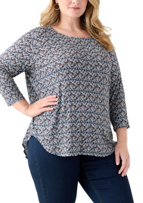 PHILOSOPHY BY REPUBLIC Women's Plus Size Three-Quarter Sleeve Pleatback Tee, Blue, 2X