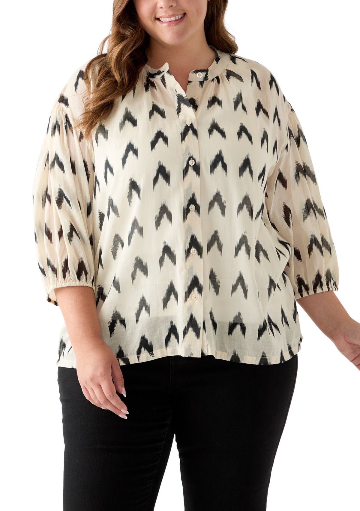 Plus Size 3/4 Sleeve Button Down Shirt