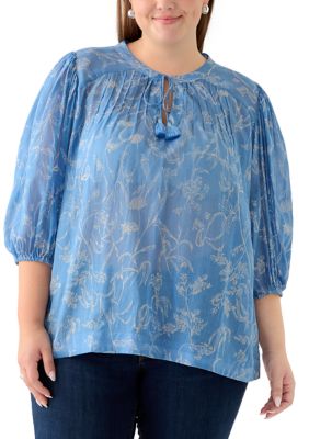 PHILOSOPHY BY REPUBLIC Women's Plus Size 3/4 Puff Sleeve Voile Print Peasant Top, 3X
