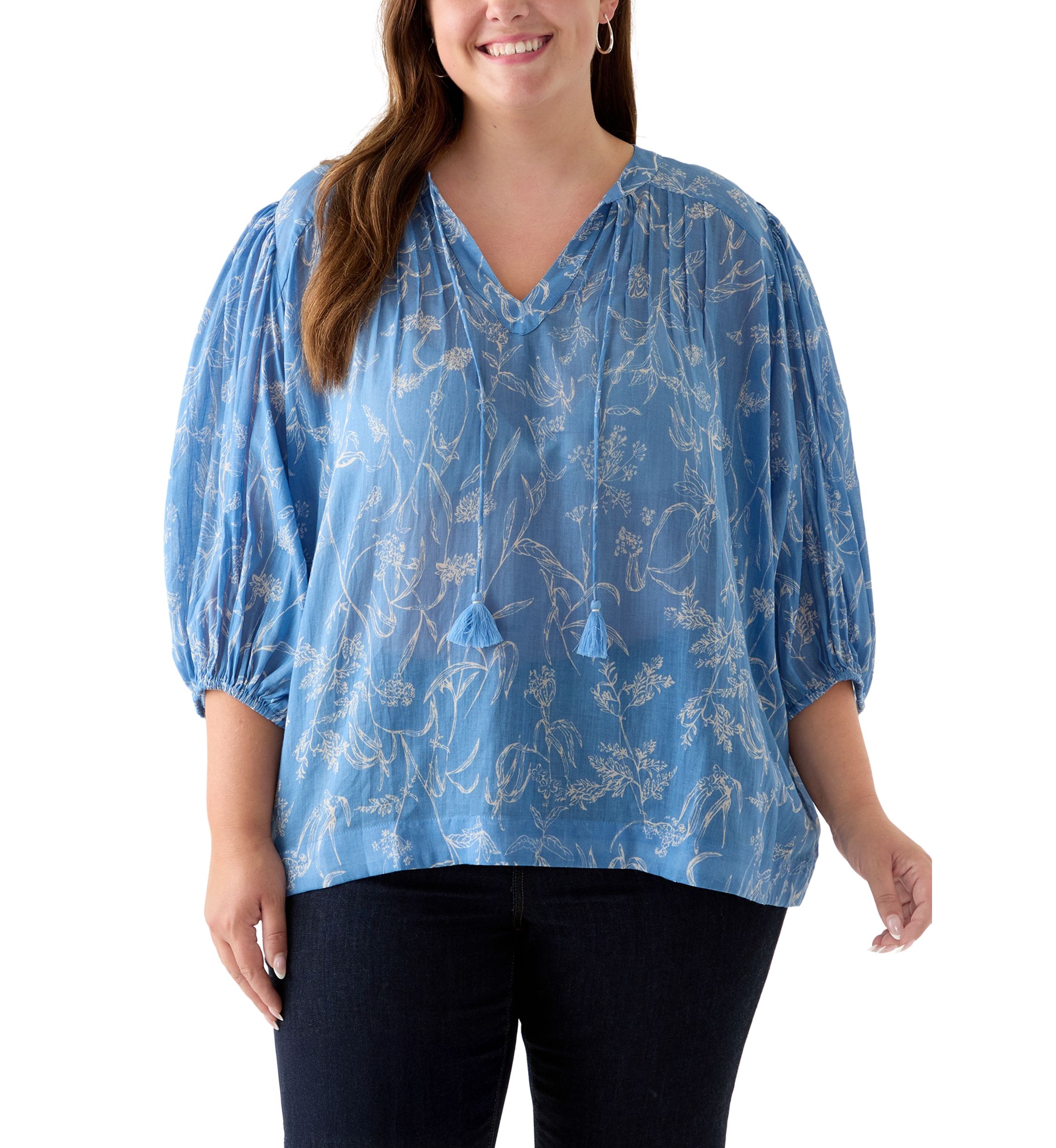 Plus Size 3/4 Puff Sleeve Voile Print Peasant Top 
