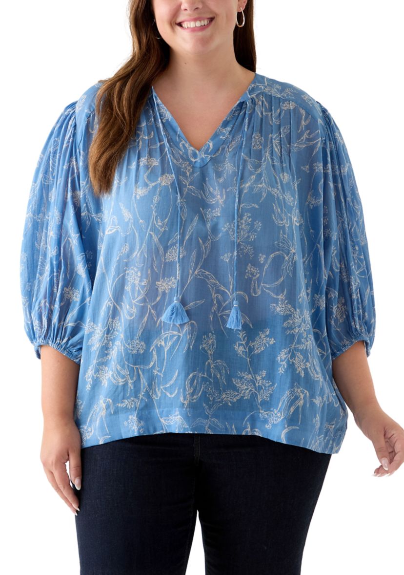 Plus Size 3/4 Puff Sleeve Voile Print Peasant Top 
