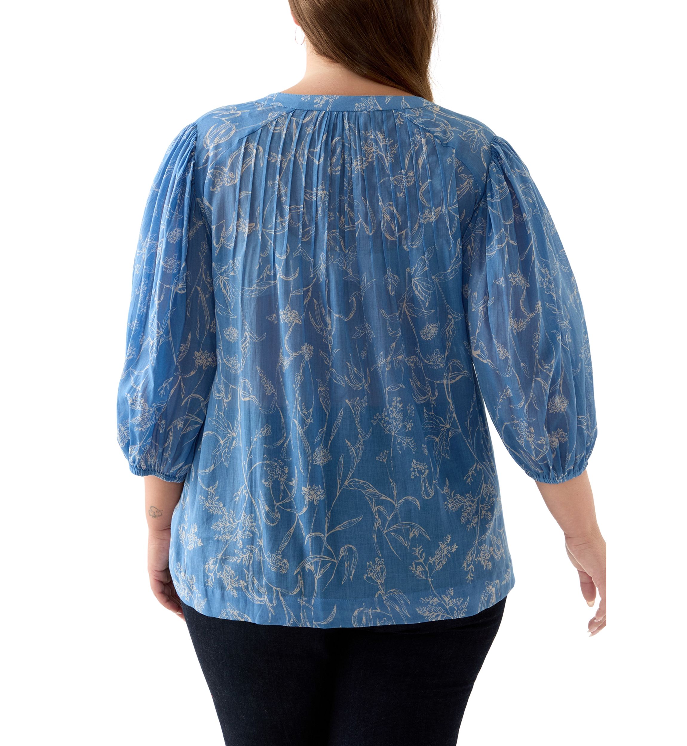 Plus Size 3/4 Puff Sleeve Voile Print Peasant Top 