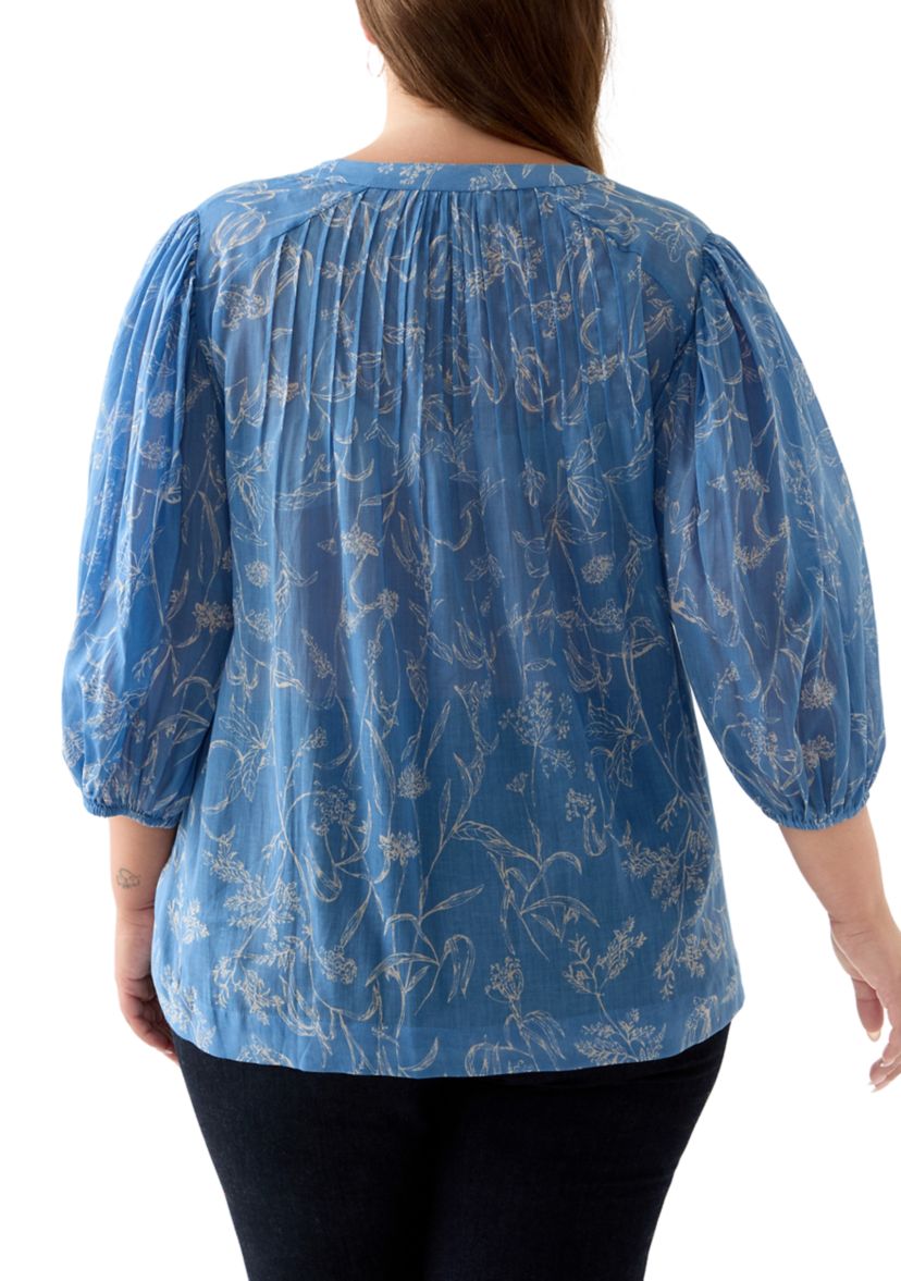 Plus Size 3/4 Puff Sleeve Voile Print Peasant Top 