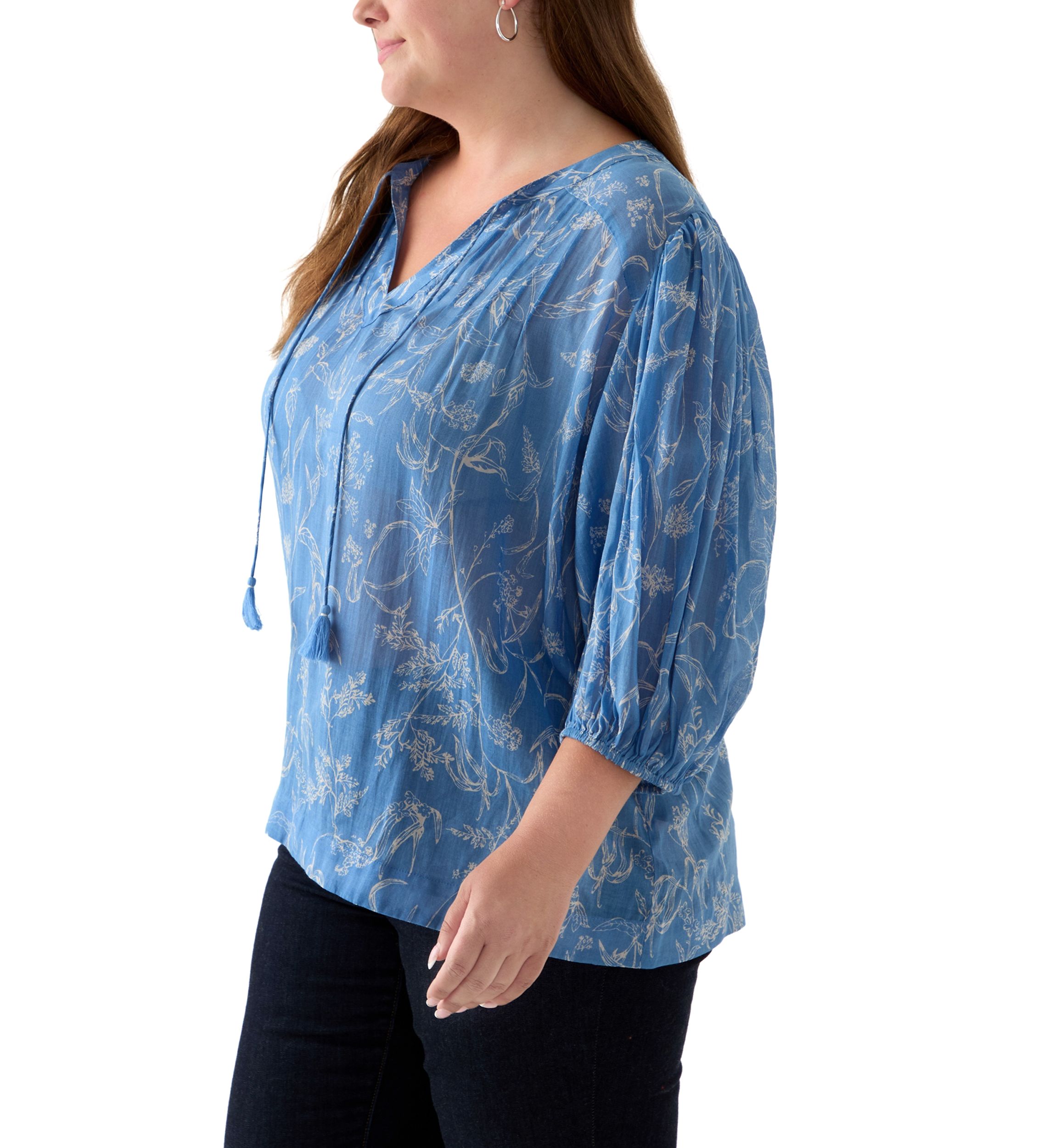 Plus Size 3/4 Puff Sleeve Voile Print Peasant Top 
