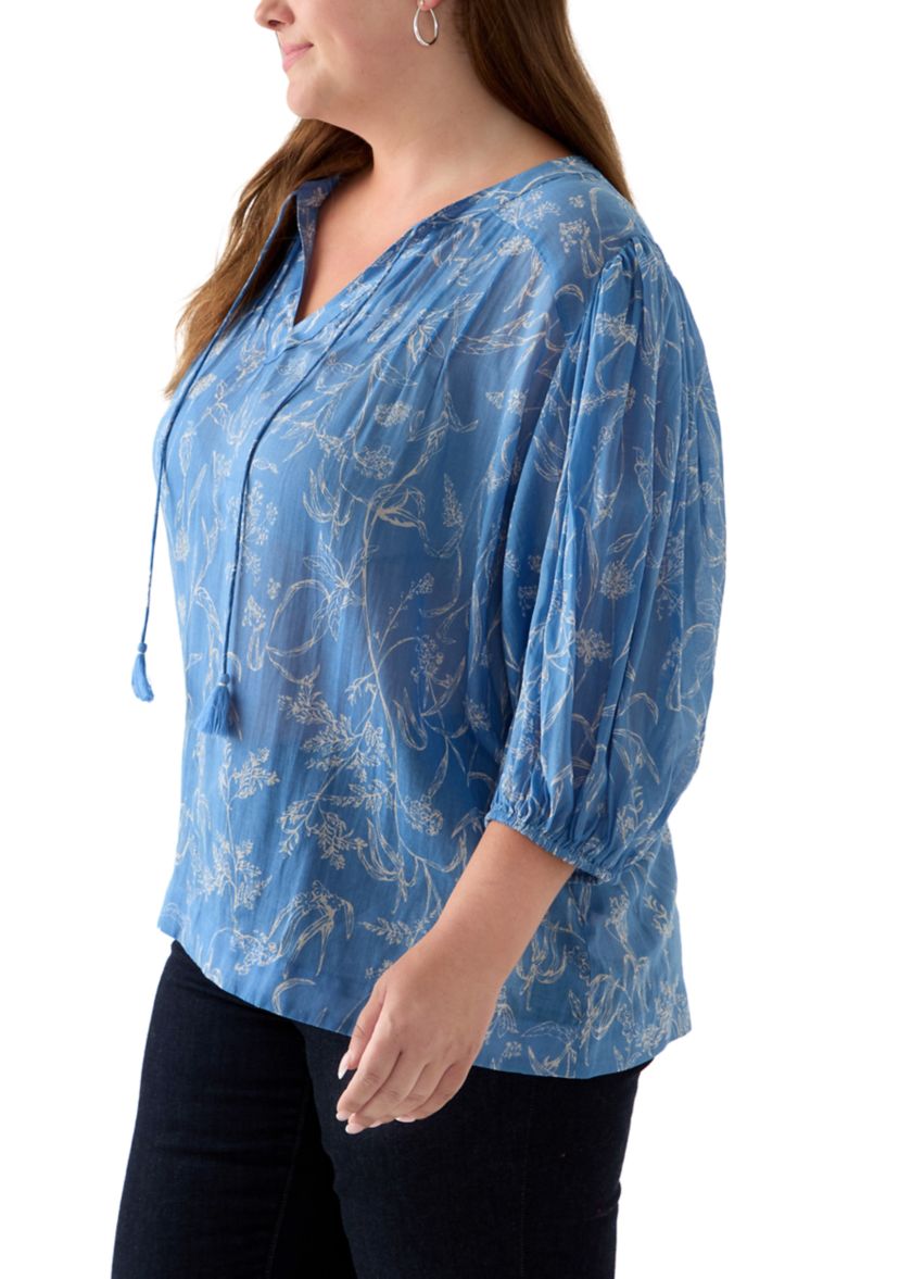 Plus Size 3/4 Puff Sleeve Voile Print Peasant Top 