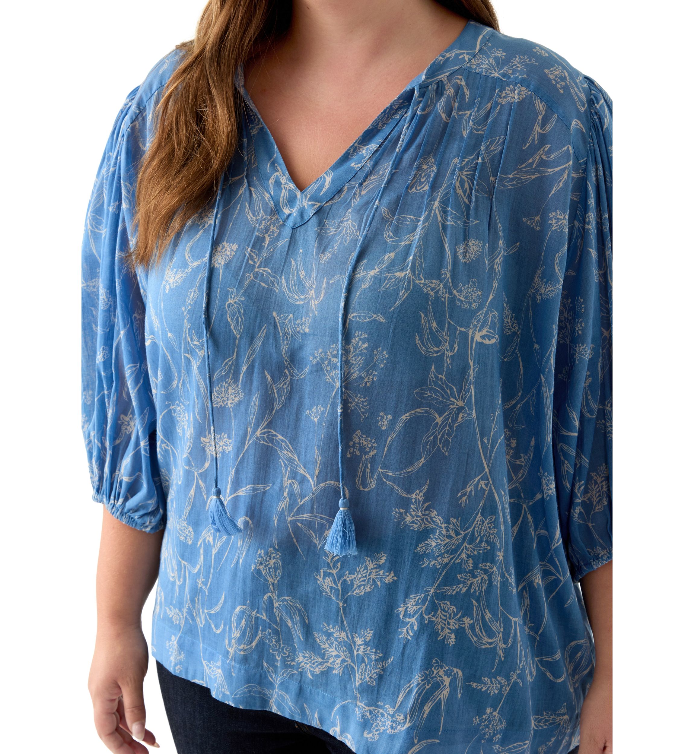 Plus Size 3/4 Puff Sleeve Voile Print Peasant Top 