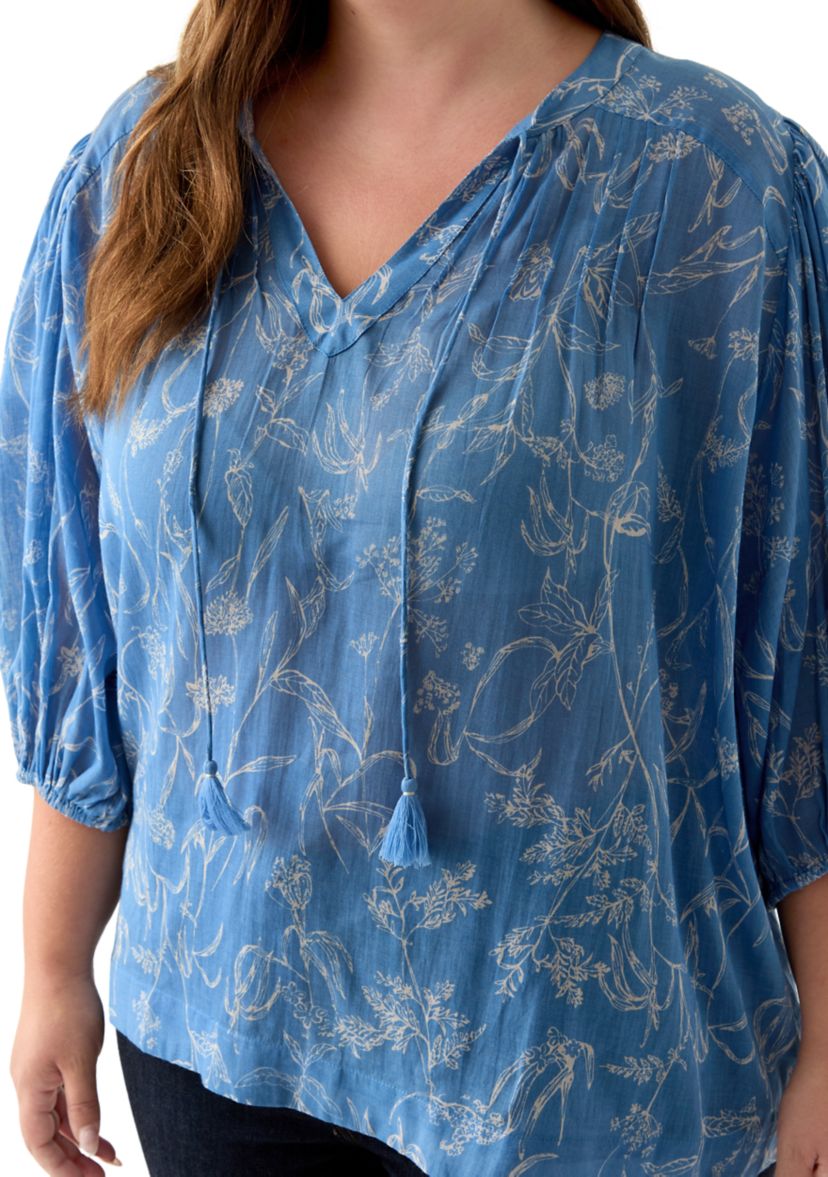 Plus Size 3/4 Puff Sleeve Voile Print Peasant Top 