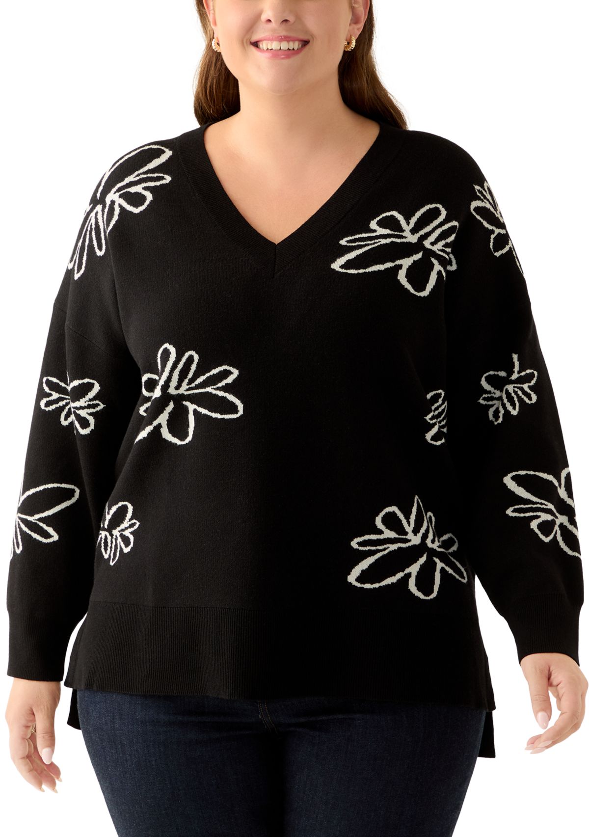 Plus Size V-Neck Intarsia Sweater