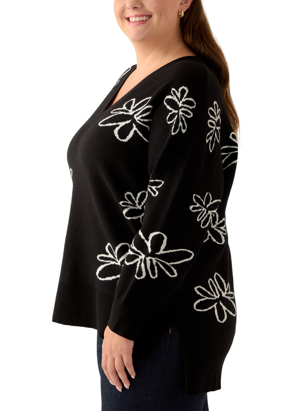 Plus Size V-Neck Intarsia Sweater