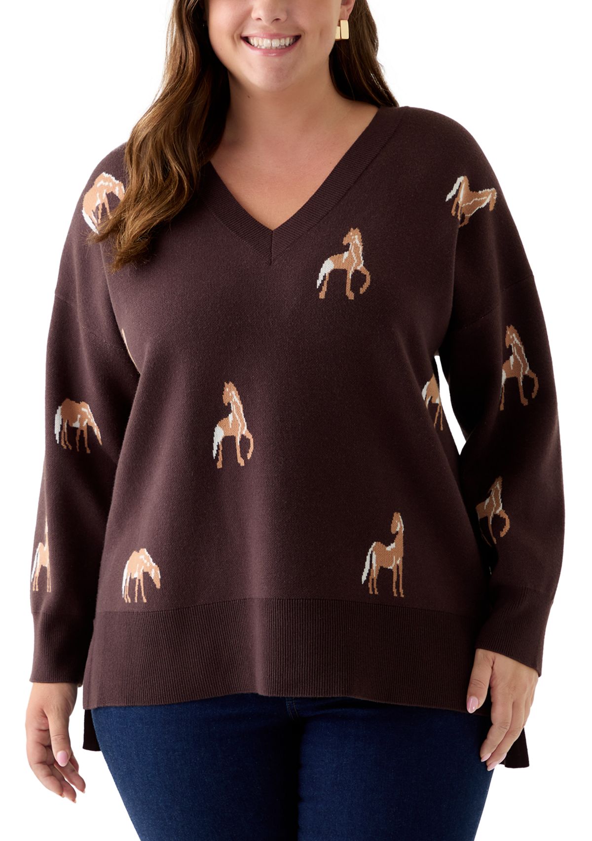 Plus Size V-Neck Intarsia Sweater
