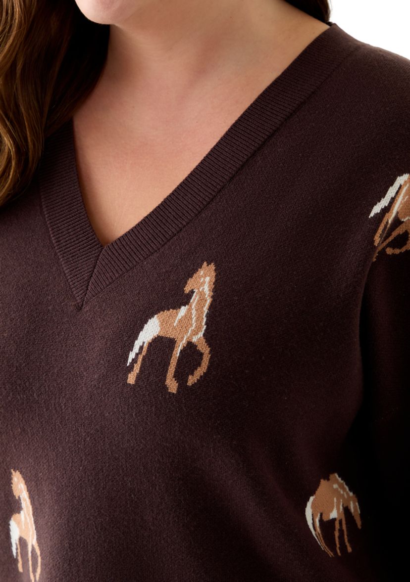 Plus Size V-Neck Intarsia Sweater