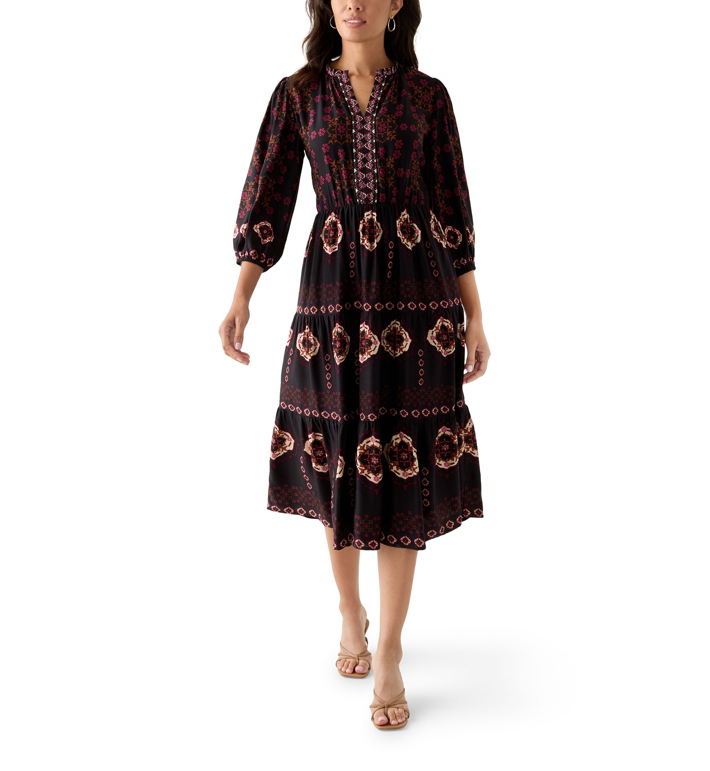Womens 3/4 Sleeve Split Neck Printed Midi Dress