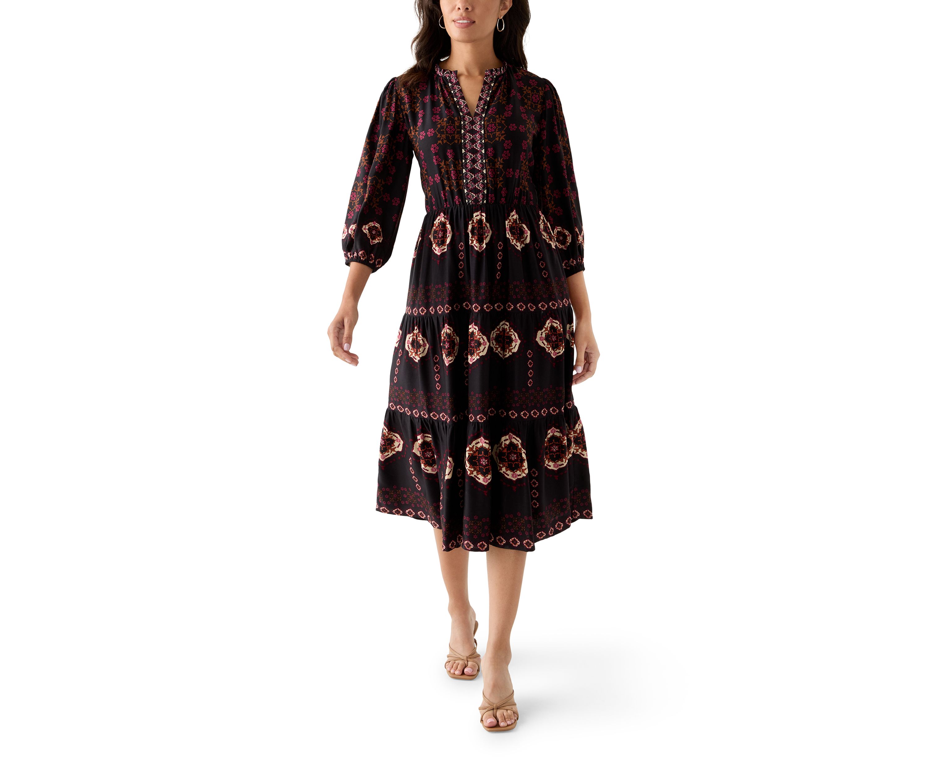 Womens 3/4 Sleeve Split Neck Printed Midi Dress