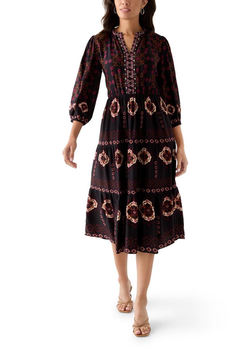 Womens 3/4 Sleeve Split Neck Printed Midi Dress