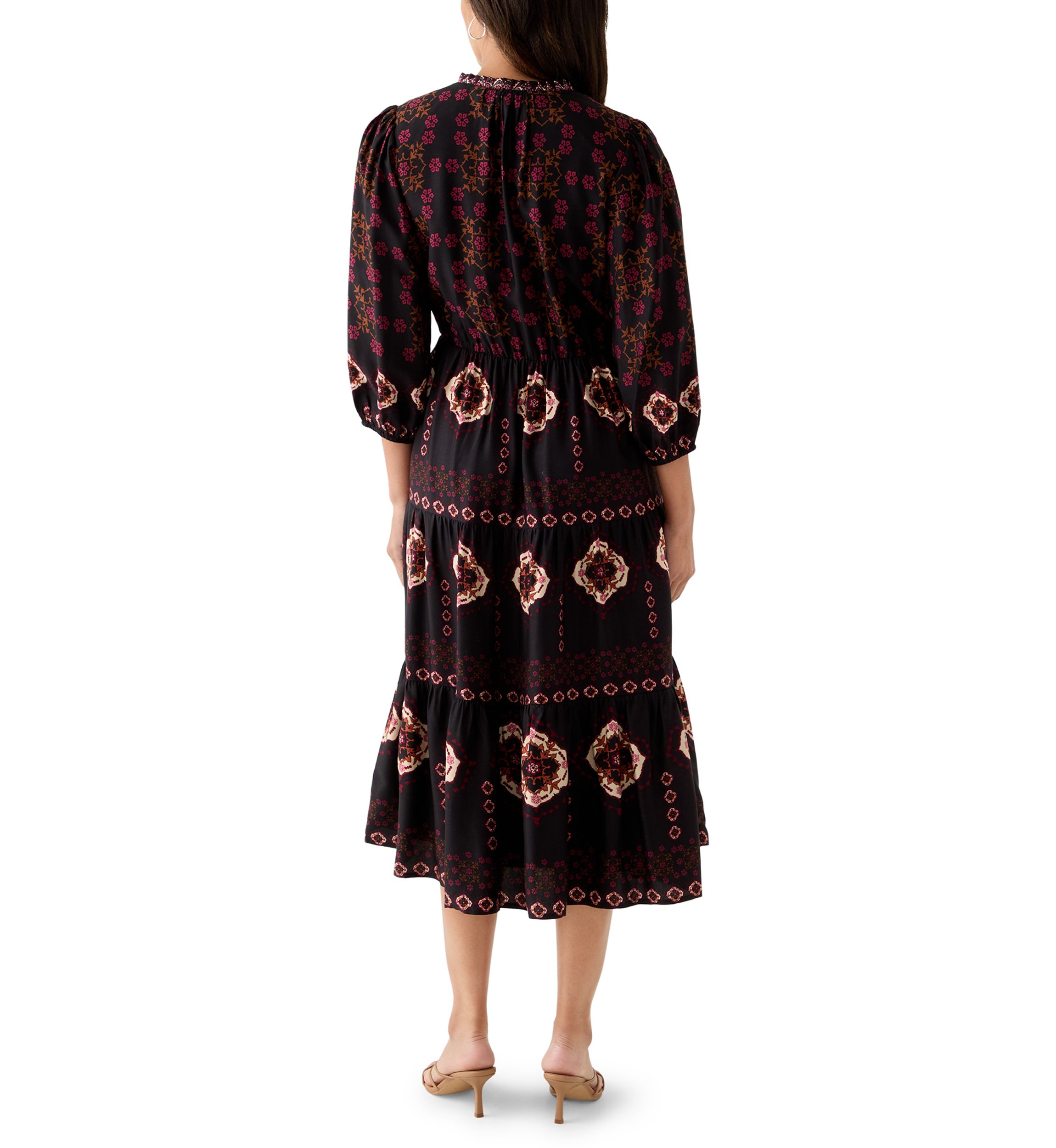 Womens 3/4 Sleeve Split Neck Printed Midi Dress