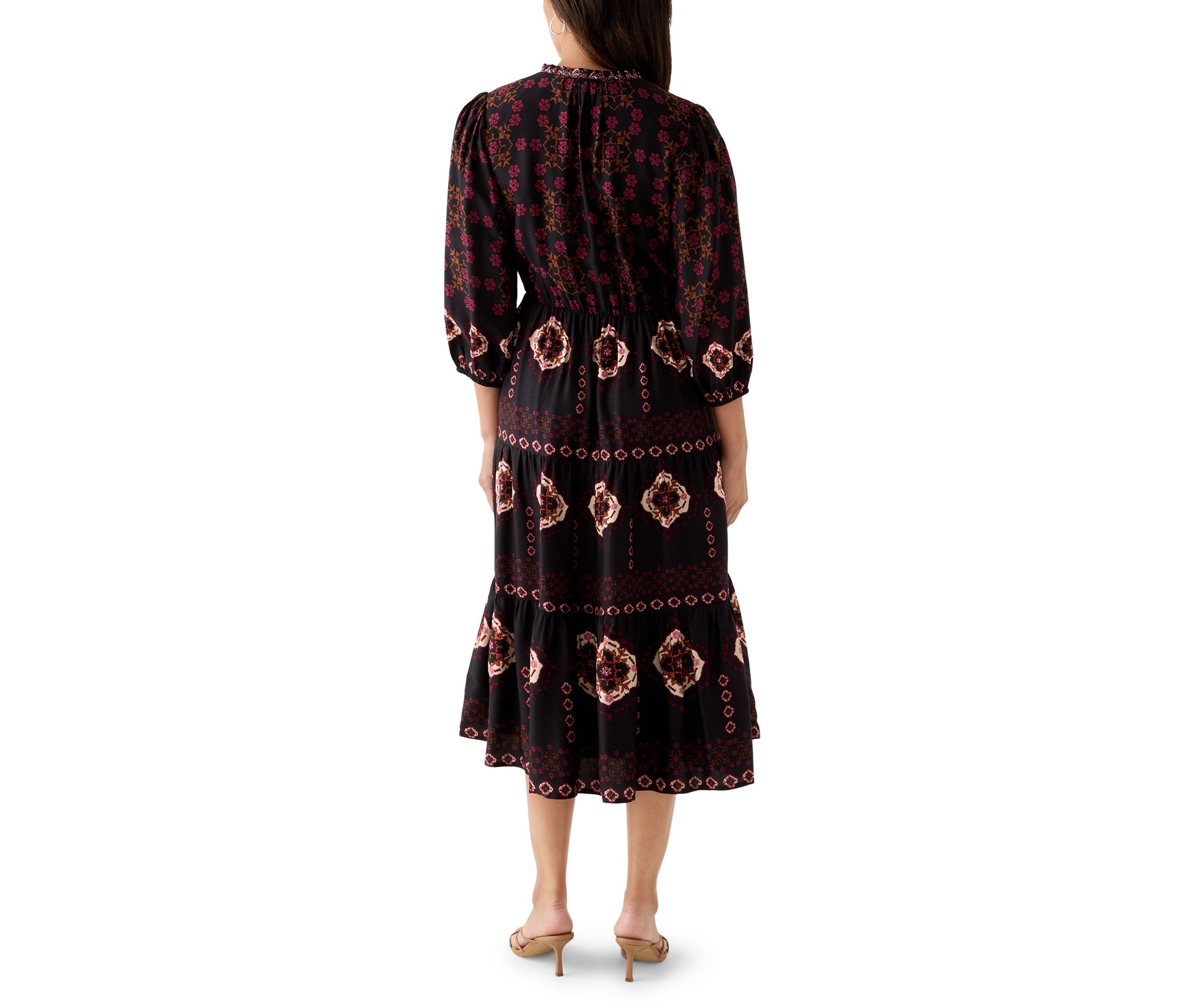 Womens 3/4 Sleeve Split Neck Printed Midi Dress
