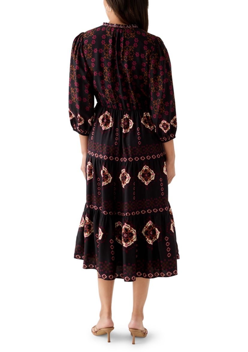 Womens 3/4 Sleeve Split Neck Printed Midi Dress