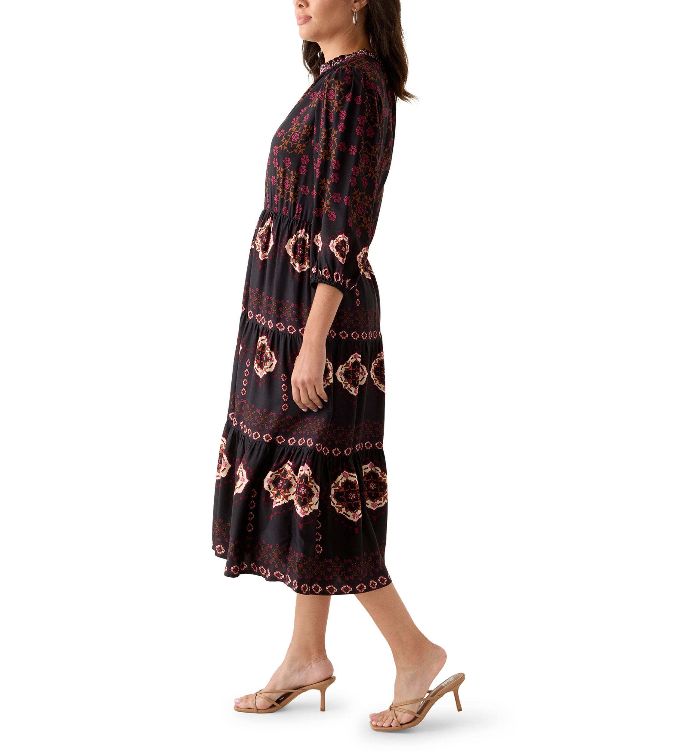 Womens 3/4 Sleeve Split Neck Printed Midi Dress