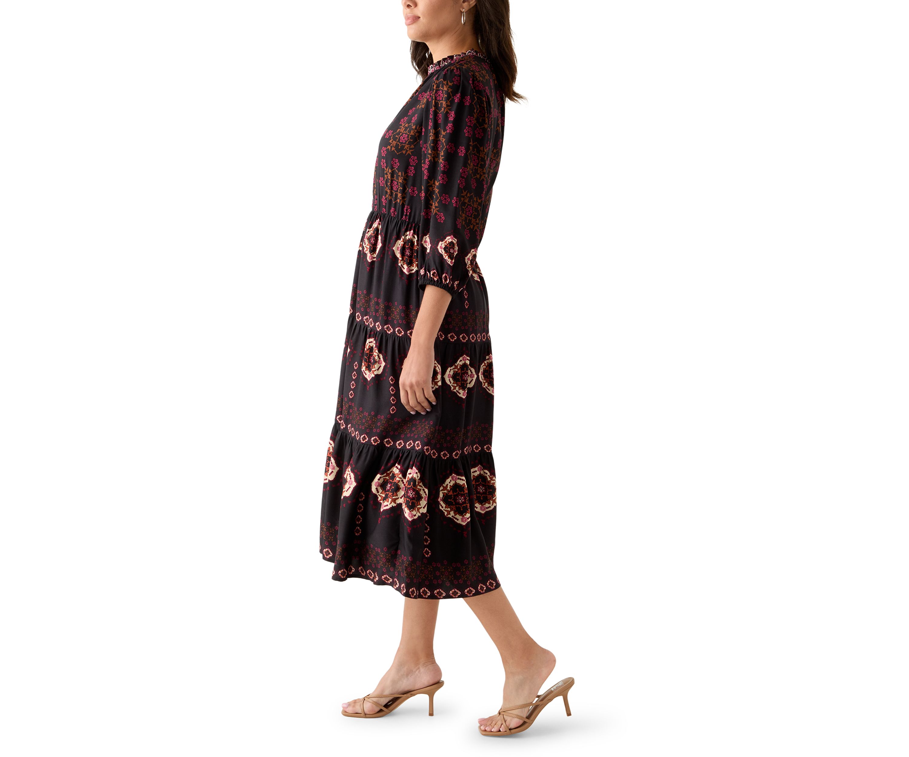 Womens 3/4 Sleeve Split Neck Printed Midi Dress