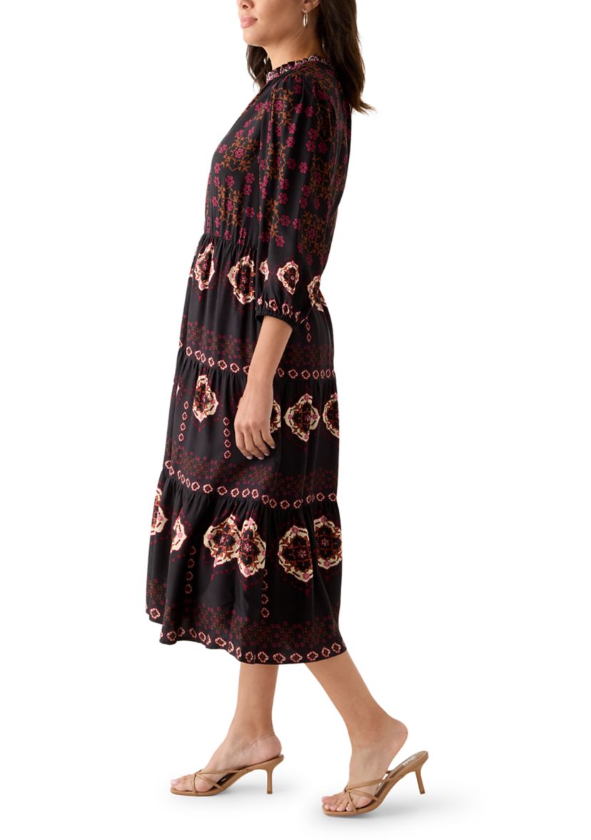 Womens 3/4 Sleeve Split Neck Printed Midi Dress