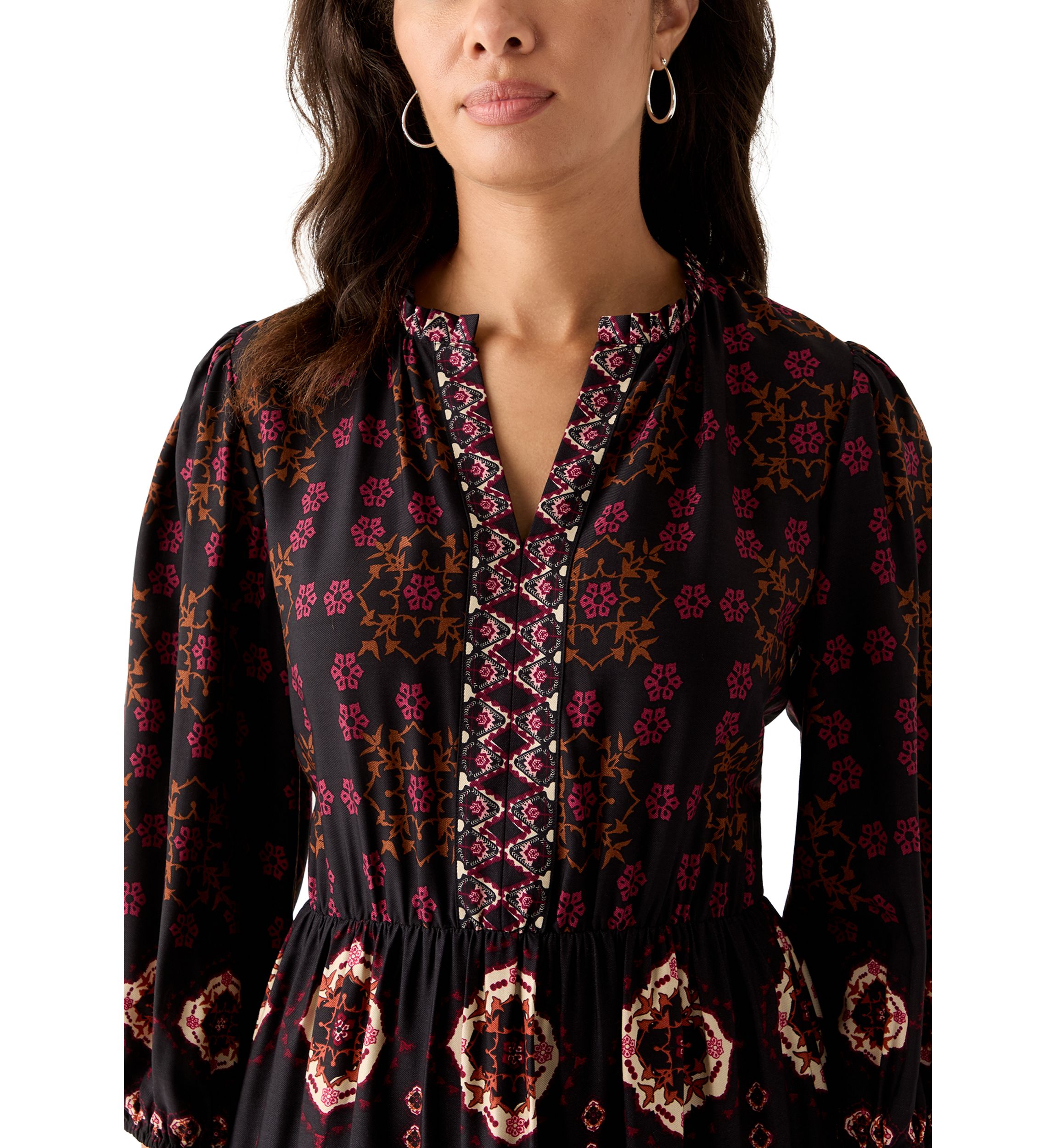 Womens 3/4 Sleeve Split Neck Printed Midi Dress