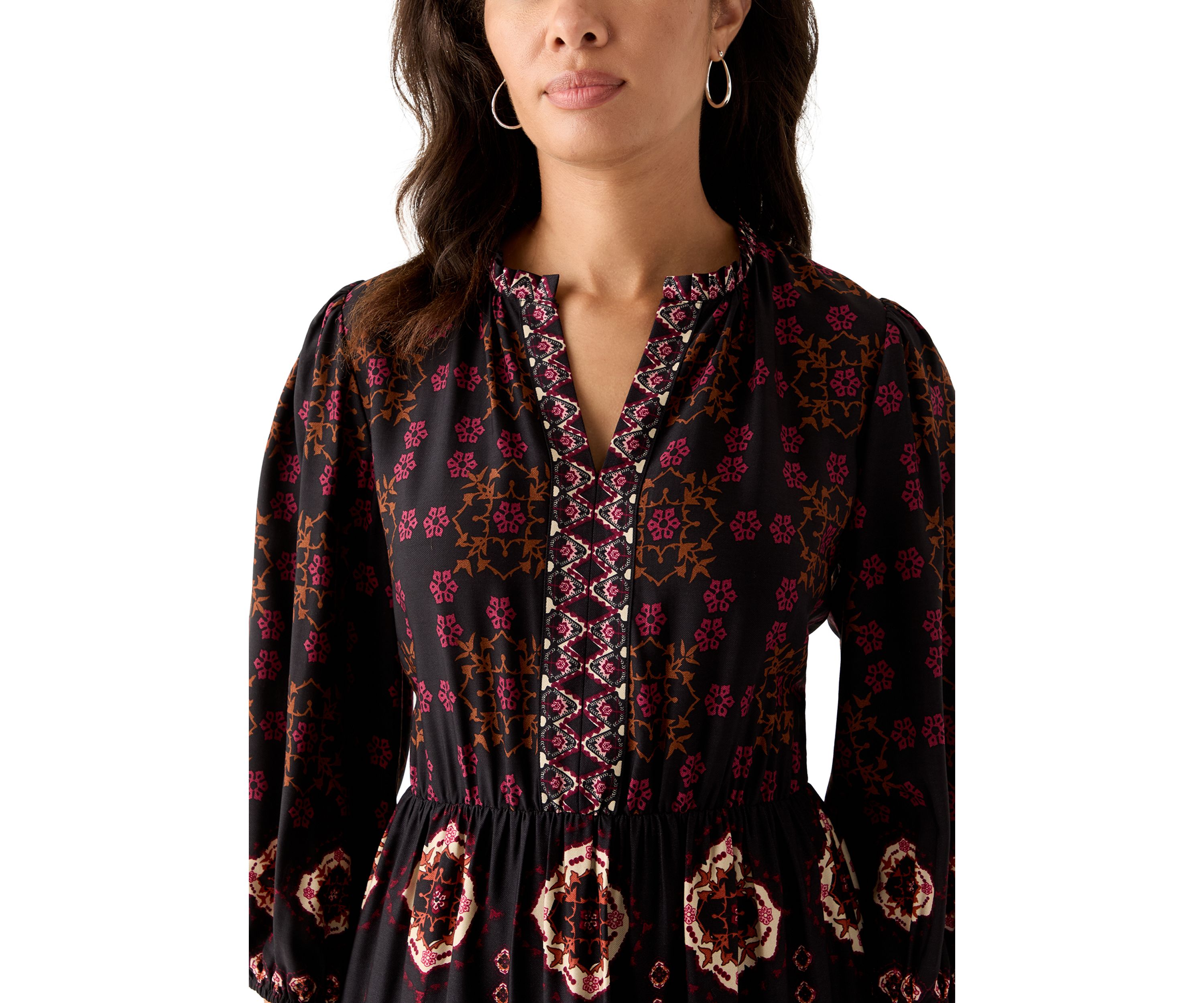 Womens 3/4 Sleeve Split Neck Printed Midi Dress