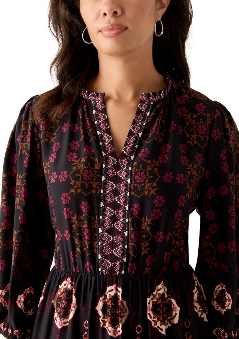 Womens 3/4 Sleeve Split Neck Printed Midi Dress