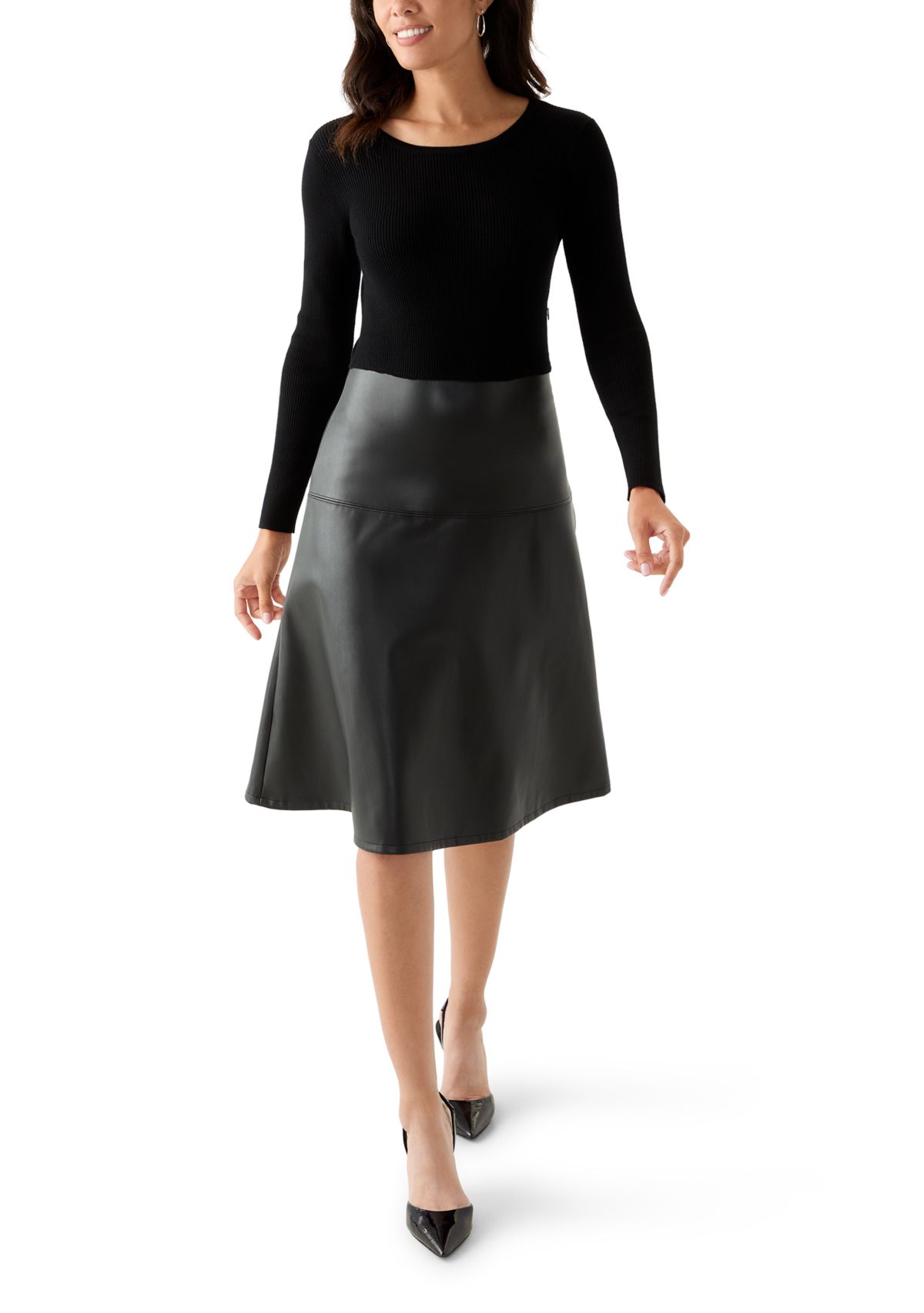 Womens Long Sleeve Mixed Media Vegan Leather Dress