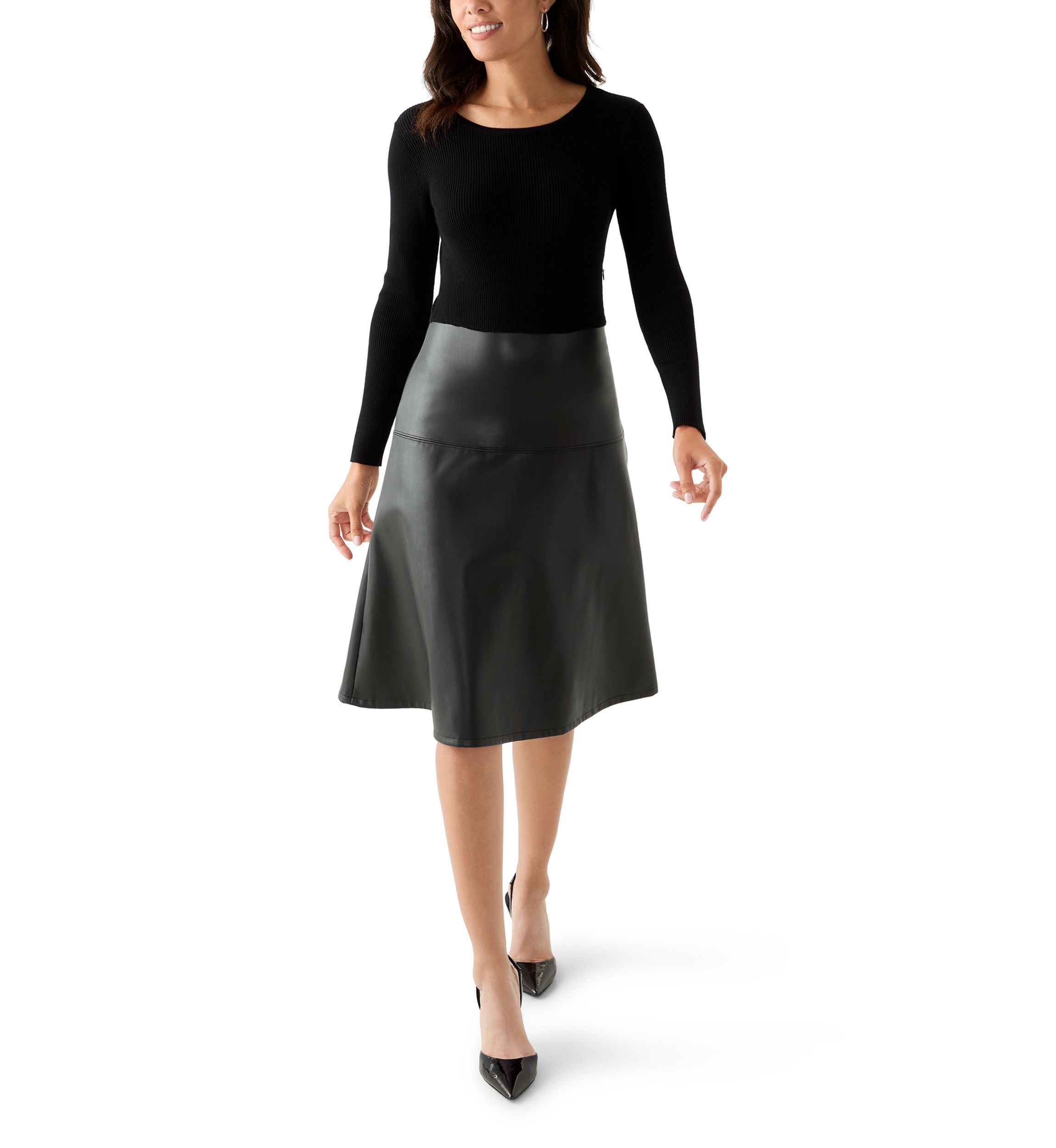 Womens Long Sleeve Mixed Media Vegan Leather Dress
