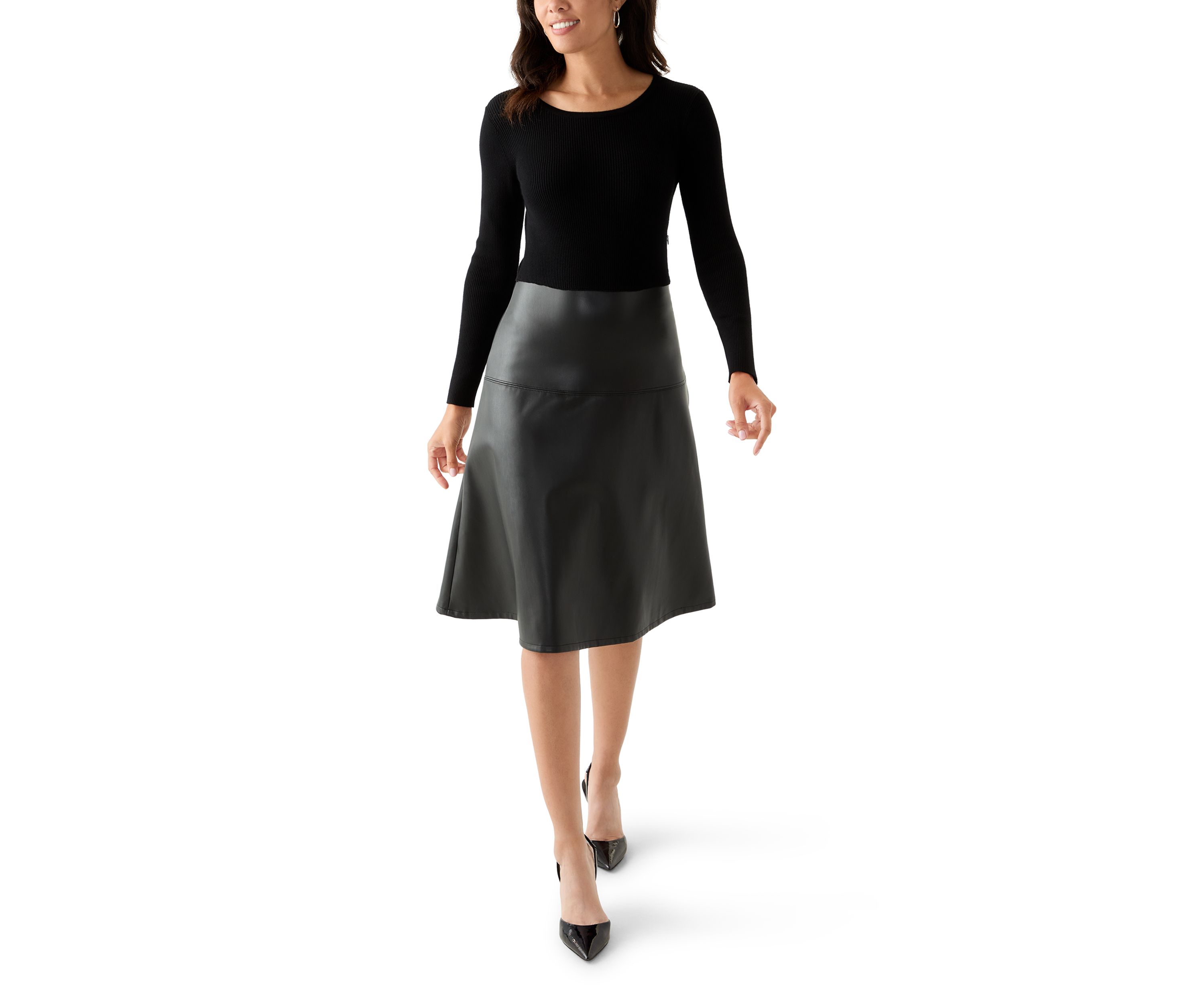 Womens Long Sleeve Mixed Media Vegan Leather Dress