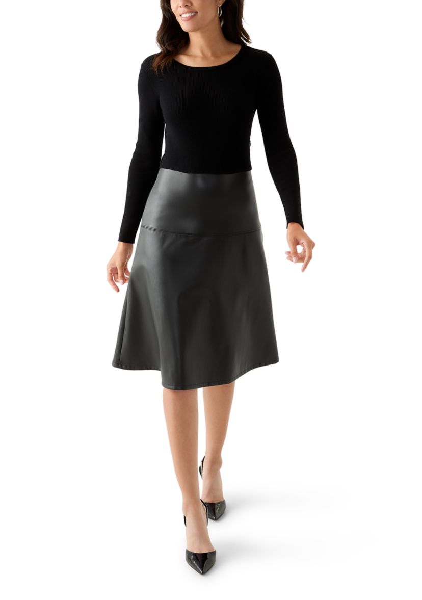 Womens Long Sleeve Mixed Media Vegan Leather Dress