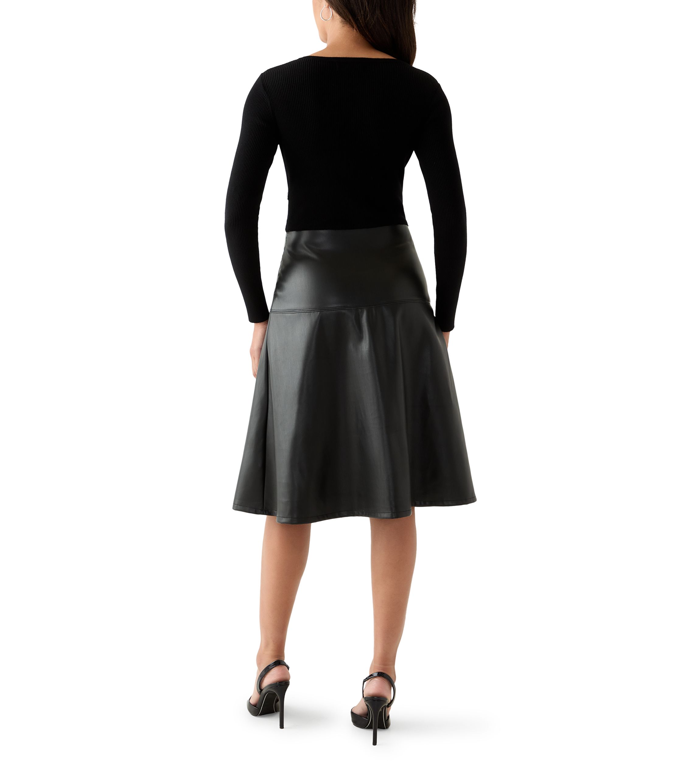 Womens Long Sleeve Mixed Media Vegan Leather Dress