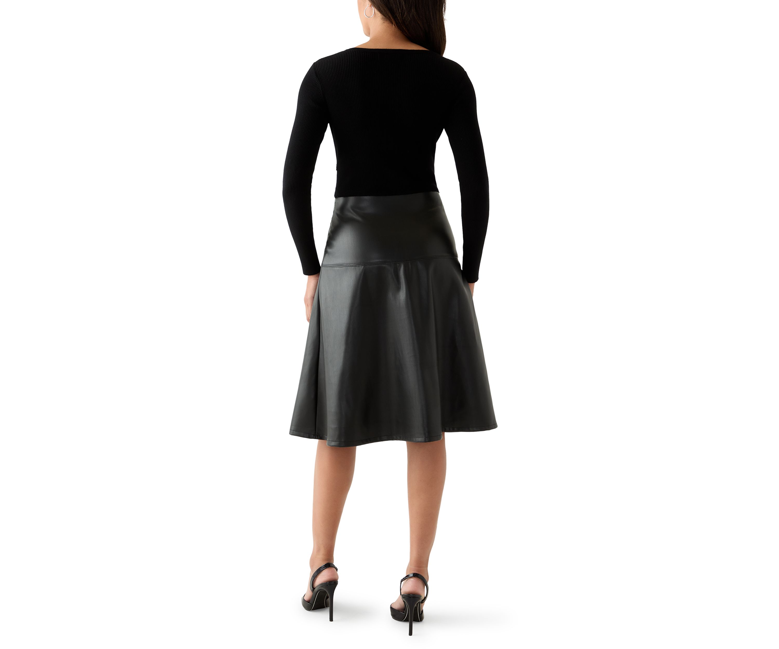 Womens Long Sleeve Mixed Media Vegan Leather Dress