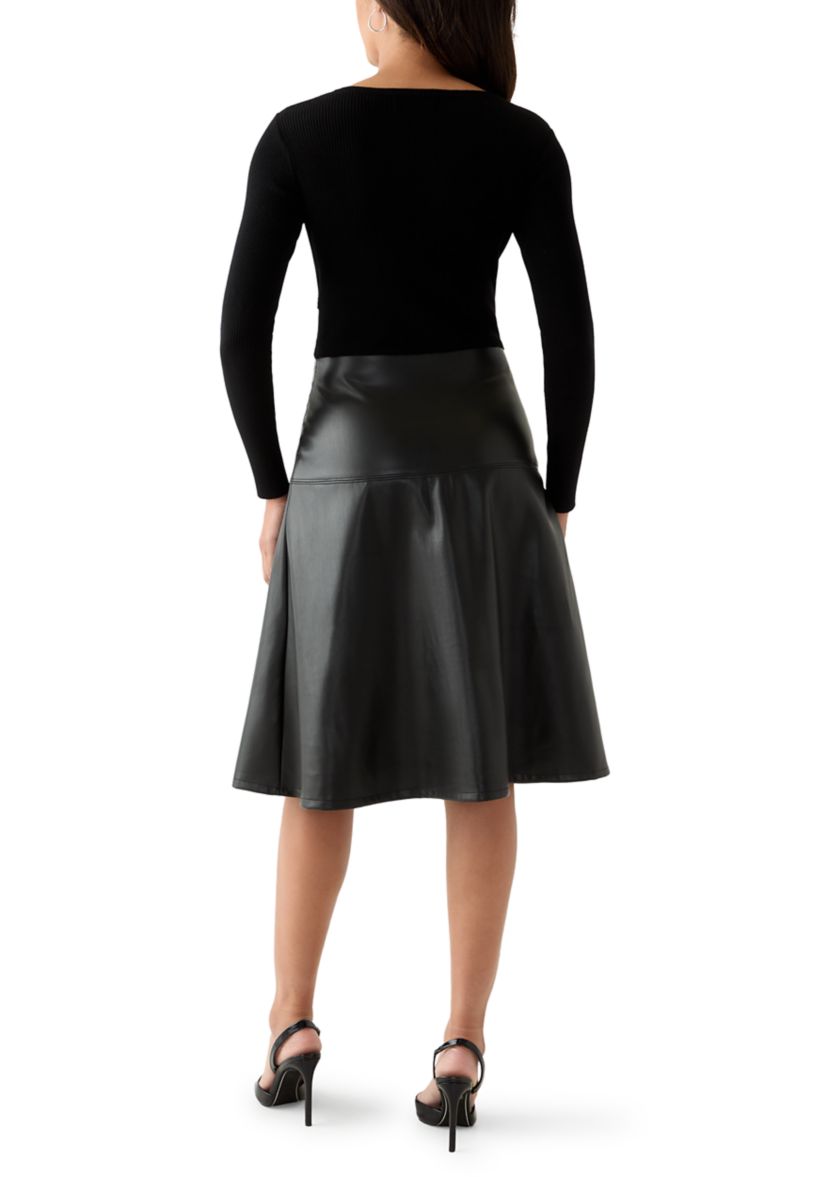 Womens Long Sleeve Mixed Media Vegan Leather Dress