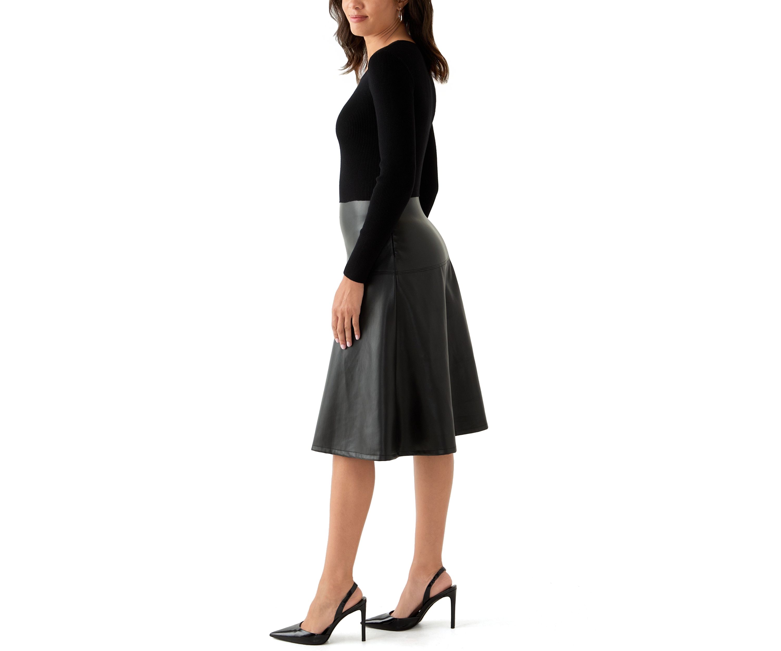 Womens Long Sleeve Mixed Media Vegan Leather Dress