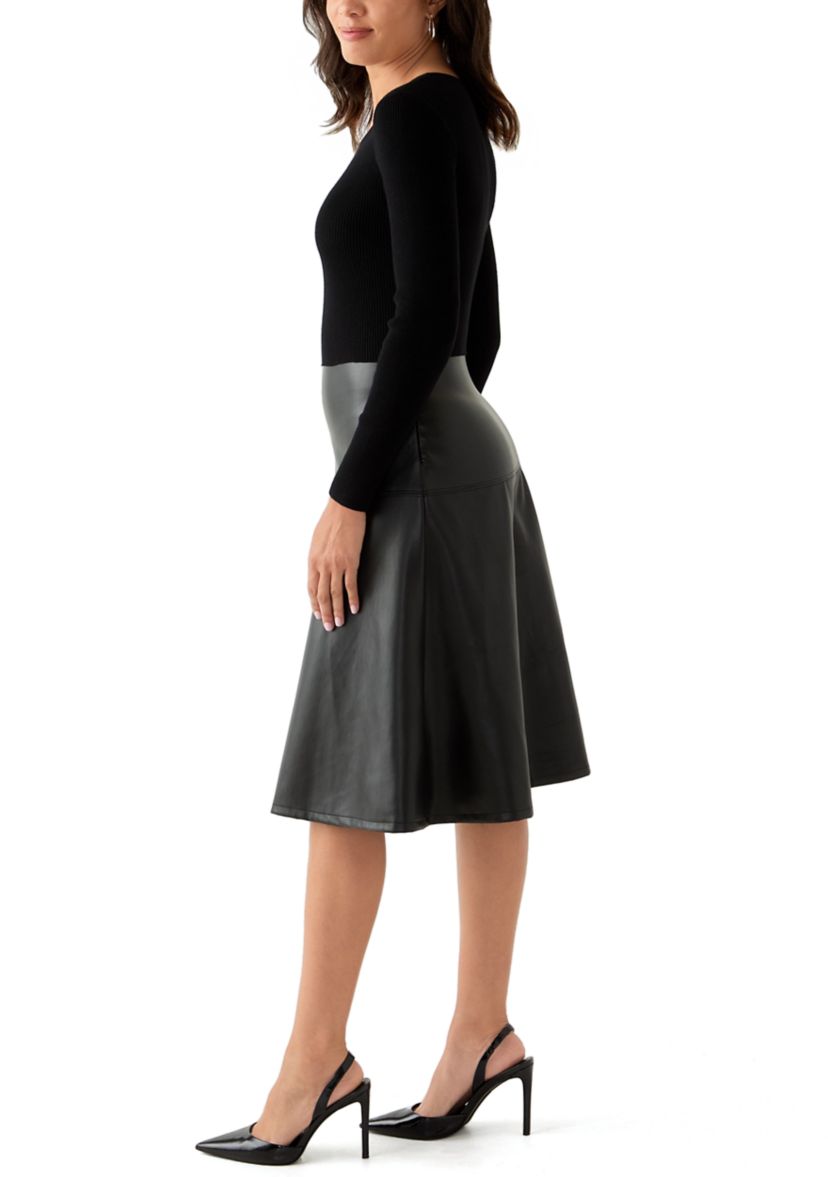 Womens Long Sleeve Mixed Media Vegan Leather Dress